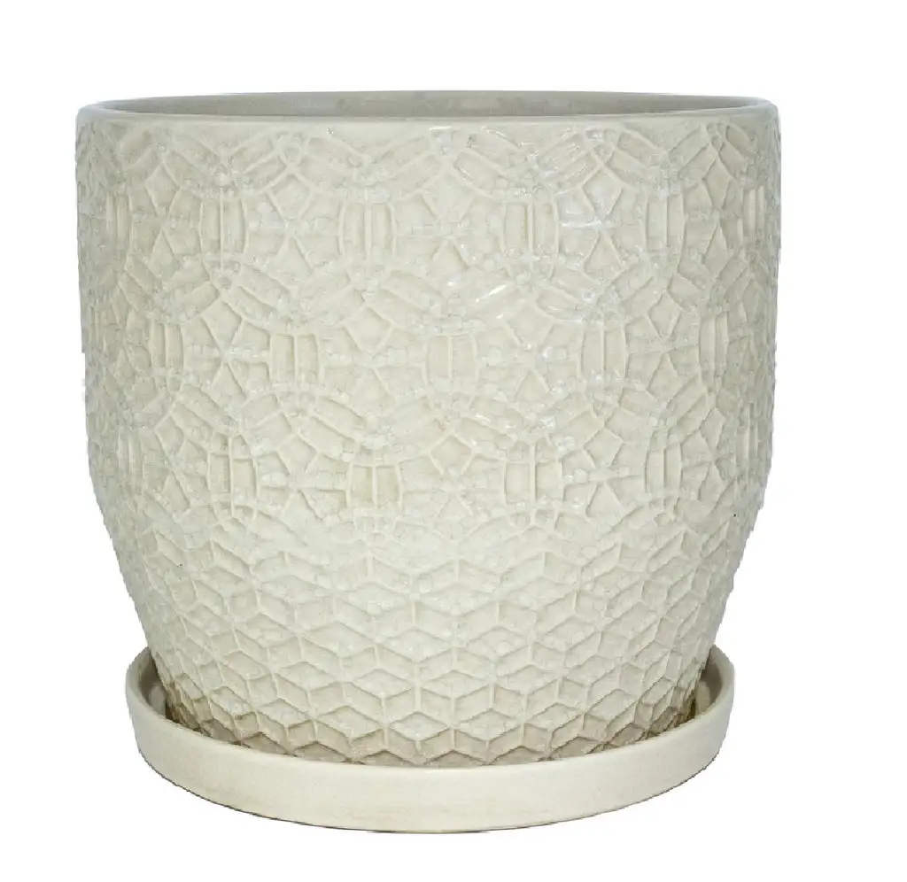 Trendspot CR10853-12B Crackle Round Planter White Indoor and Outdoor Plants