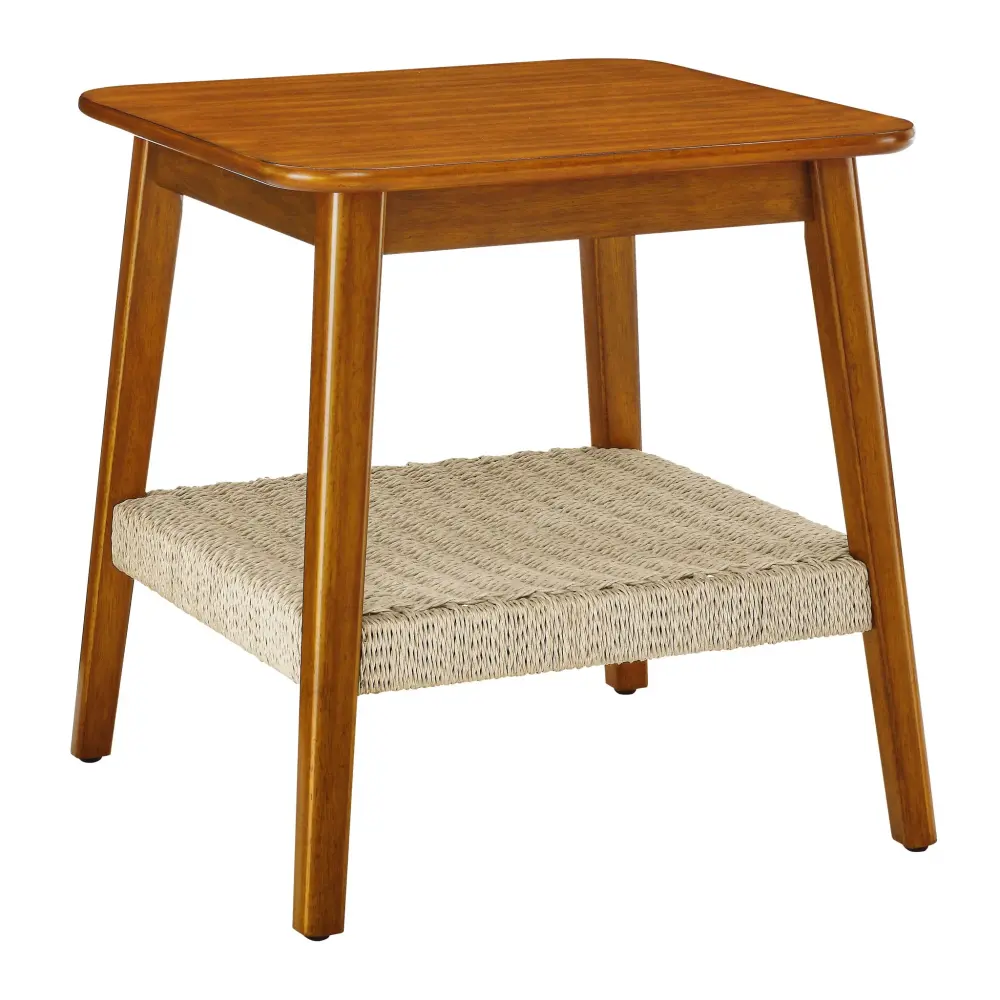 Mid - Century Square Side Table Woven Shelf - Walnut