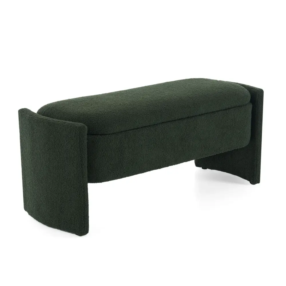 Elegant Long Shaped Storage Ottoman Bench, Boucle Material, Simple And Grand Design - Dark Forest (Includes Organizer Bins)