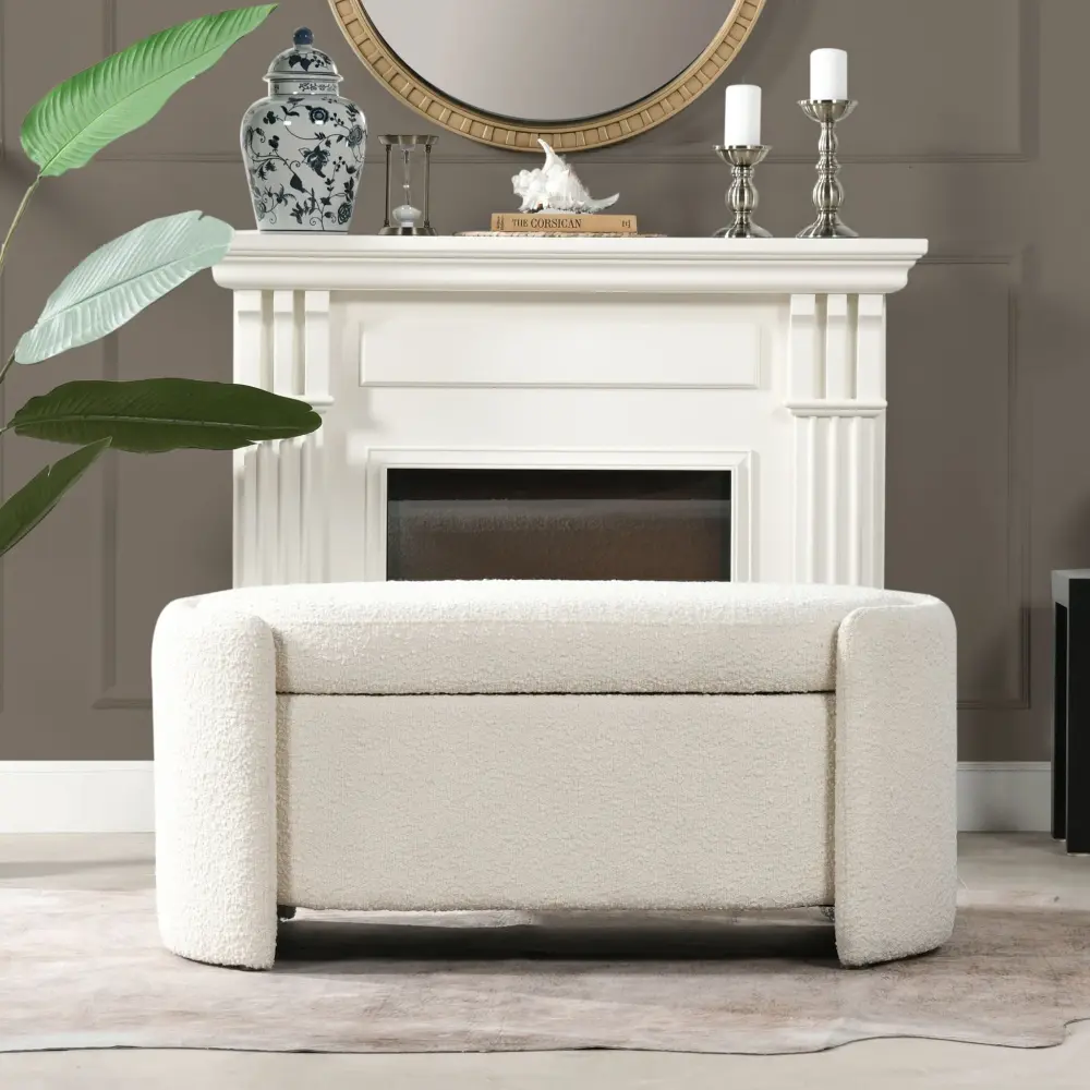 Fuji - Oval Storage Bench, Upholstered - Ivory Snow