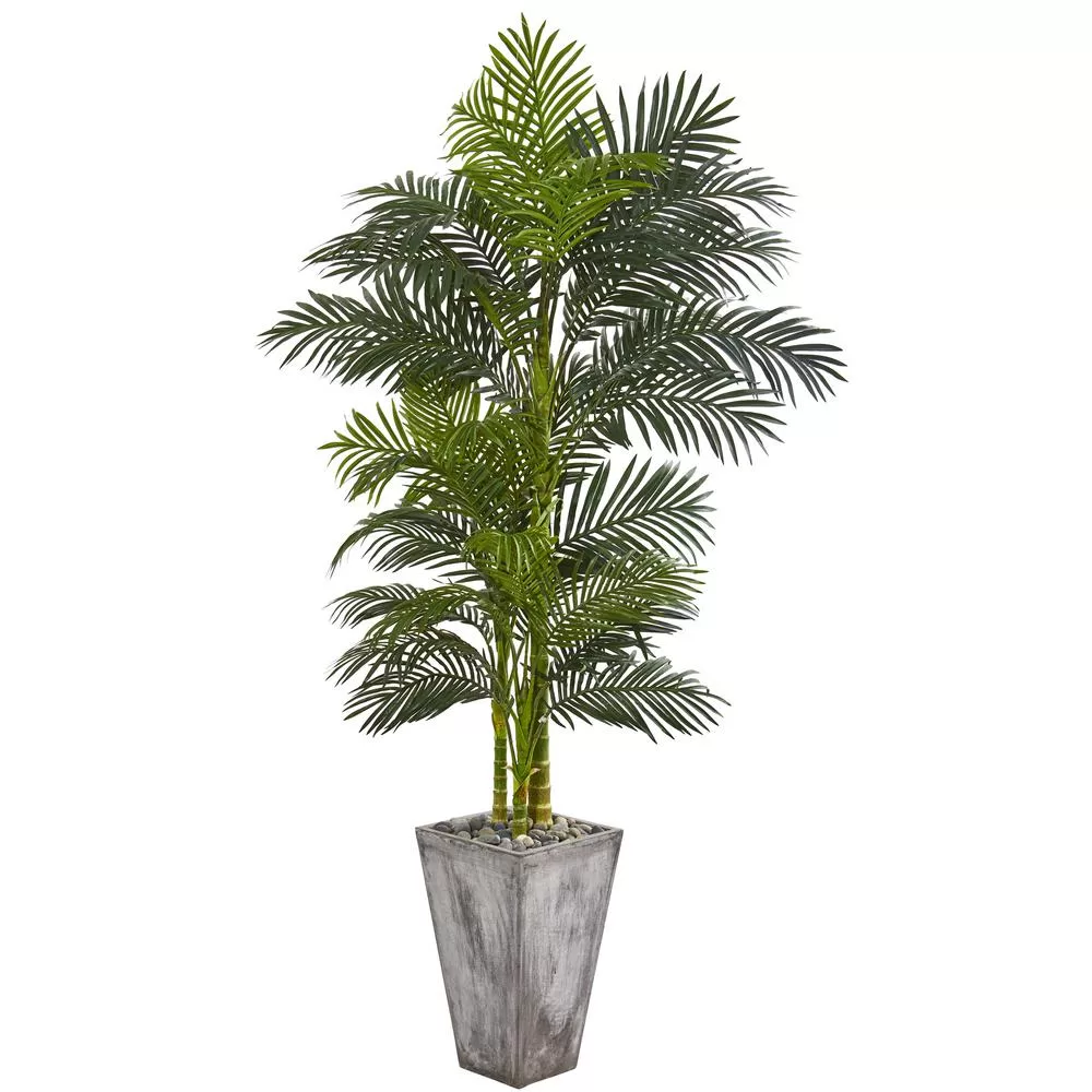 Nearly Natural 7 ft. Golden Cane Artificial Palm Tree Cement Planter Indoor Outdoor