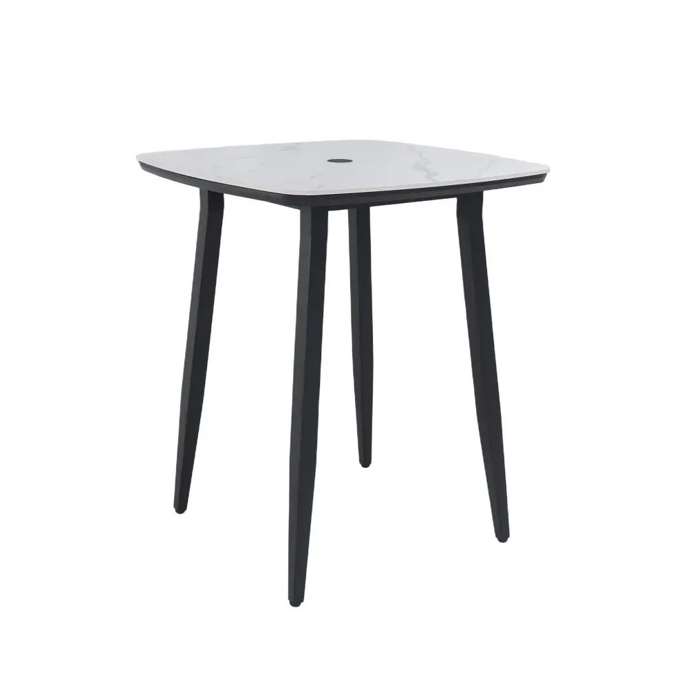 Outdoor Bar Table, Rounded Square Sintered Stone Top Umbrella Hole, Rust Free Frame, Weatherproof - Ember Ebony / White Al...