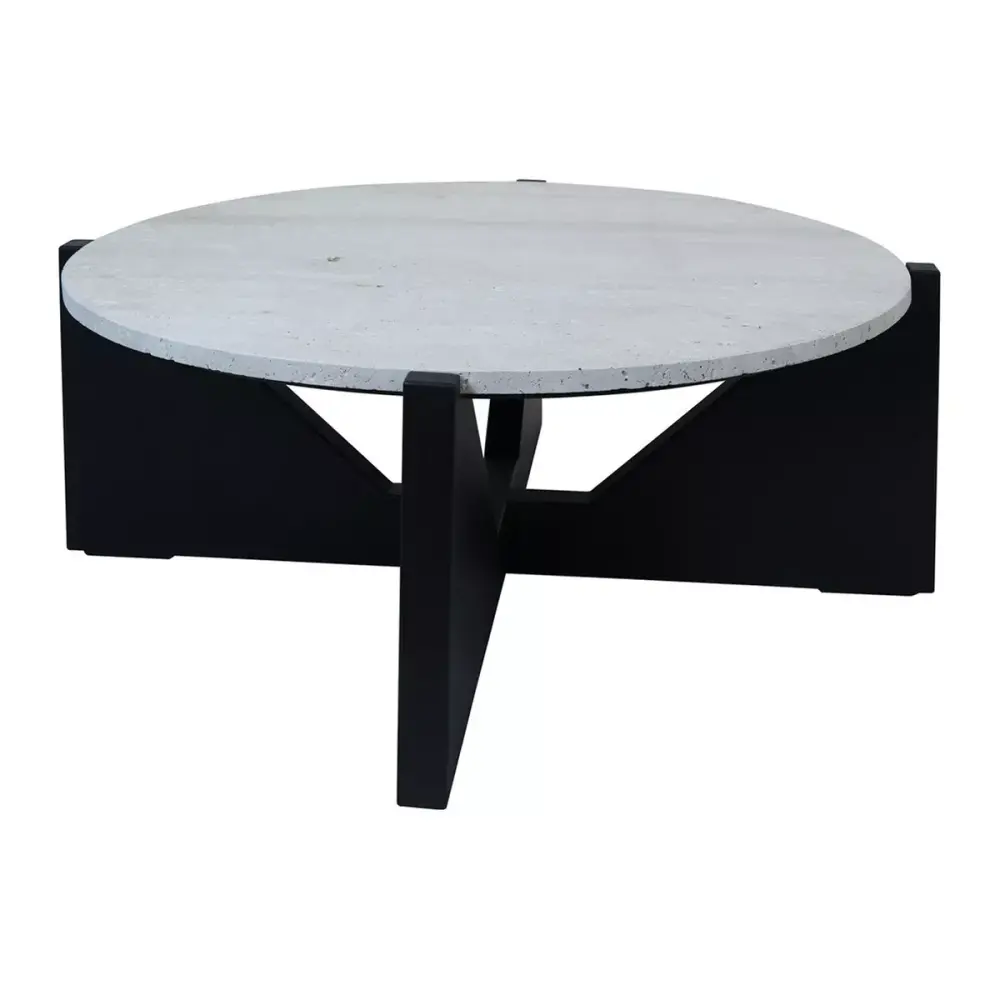 Walton Travertine Top Acacia Wood Cut Out Coffee Table - Jet-black
