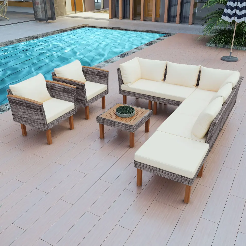 9 Piece Patio Rattan Furniture Place, Outdoor Conversation Set Acacia Wood Legs And Tabletop, PE Rattan Sectional Sofa Set...