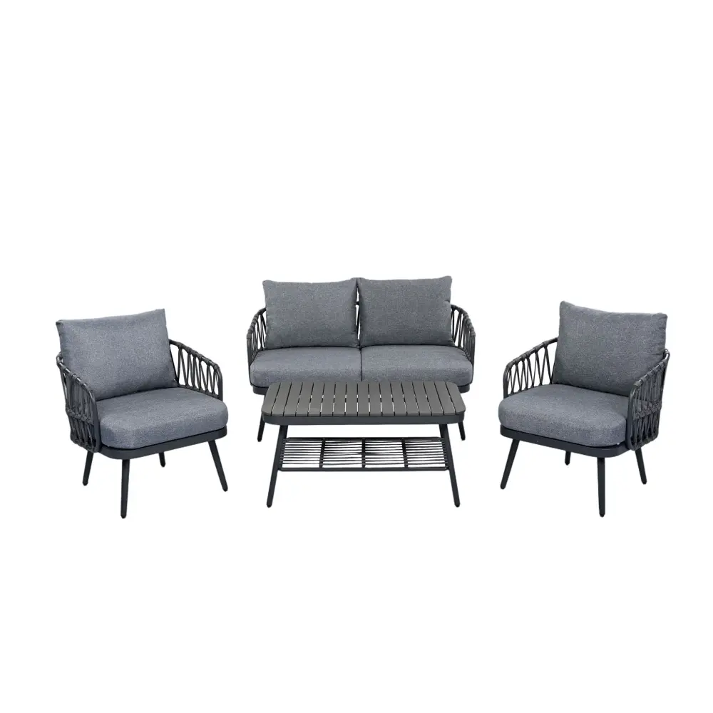 Powder-Coated Steel 4 Piece Outdoor Patio Furniture Set, Alloy Chairs Woven Rope U Shaped Backrest