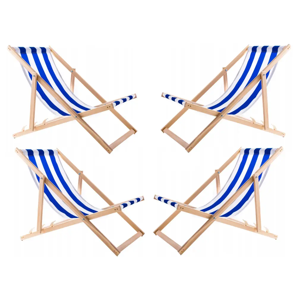 Set 4 Comfortable Wood Deck Chairs Sapphire Stripes – Perfect Beach, Balcony, or Terrace, Fully Assembled