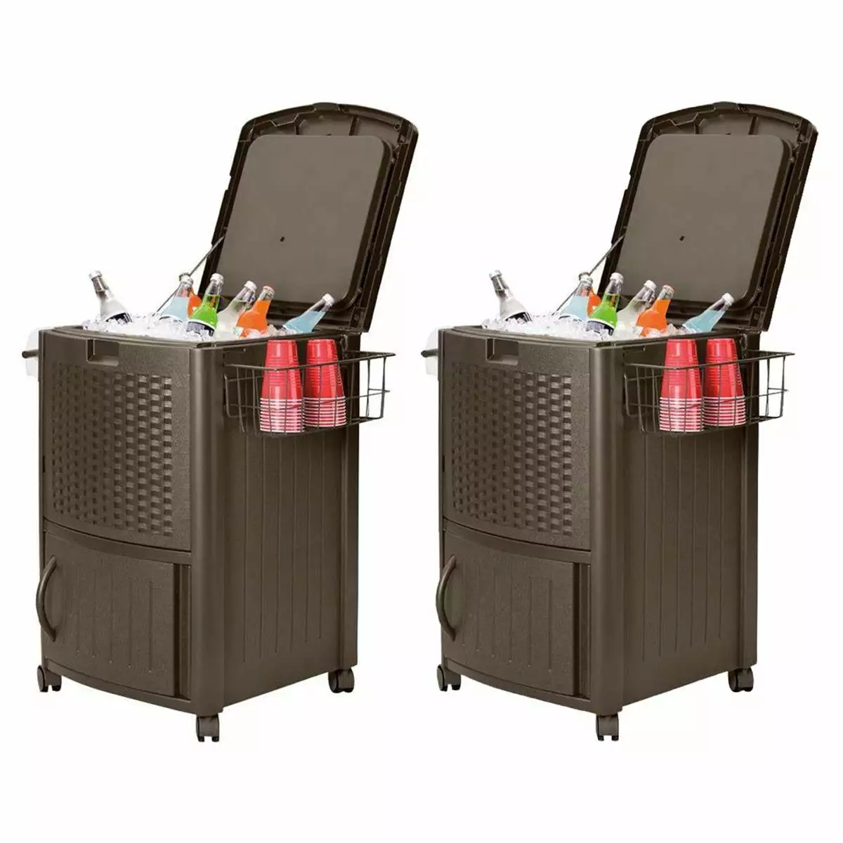 Suncast 77 Qt Resin Wicker Patio Cooler Cabinet and Wire Basket 2 Pack Java