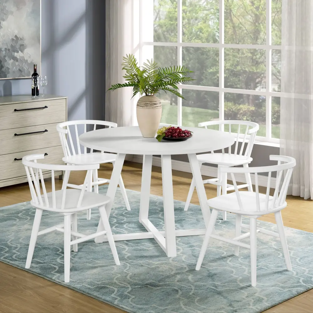 Edo - 5 Piece Dining Set, Trestle Dining Table 4 Windsor Chairs - Snow Cushions & Pillows