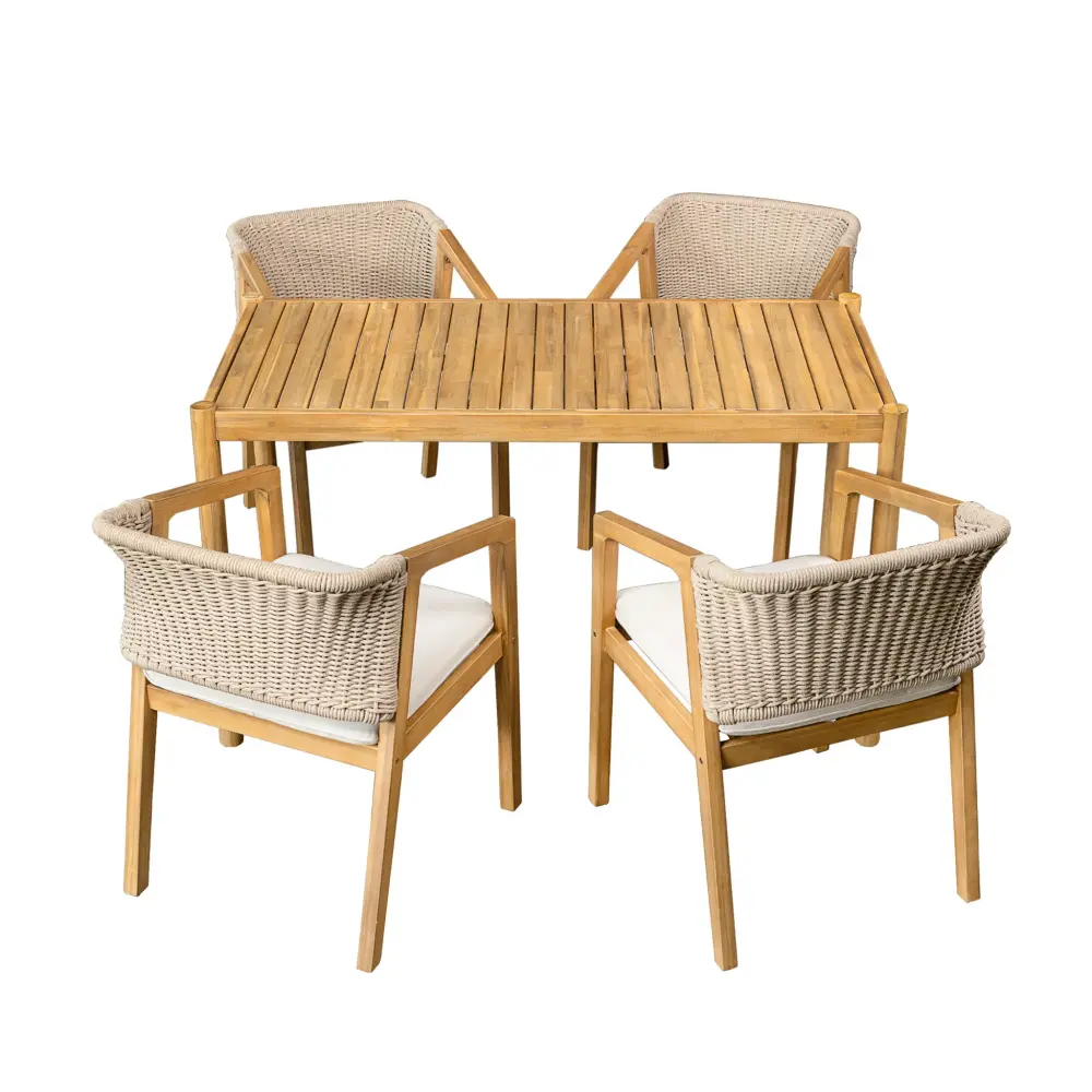 Outdoor Dining Set 1 Table 4 Chairs (Set 5) - Teak / Khaki (5-Piece Dining Set)