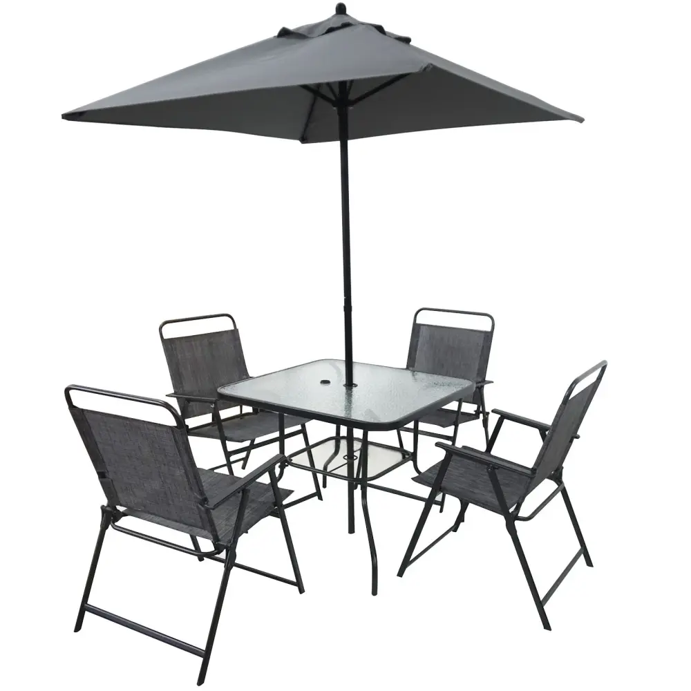 Outdoor Patio Dining Set 4 People, Metal Patio Furniture Table And Chair Place Umbrella - Black Cushions & Pillows