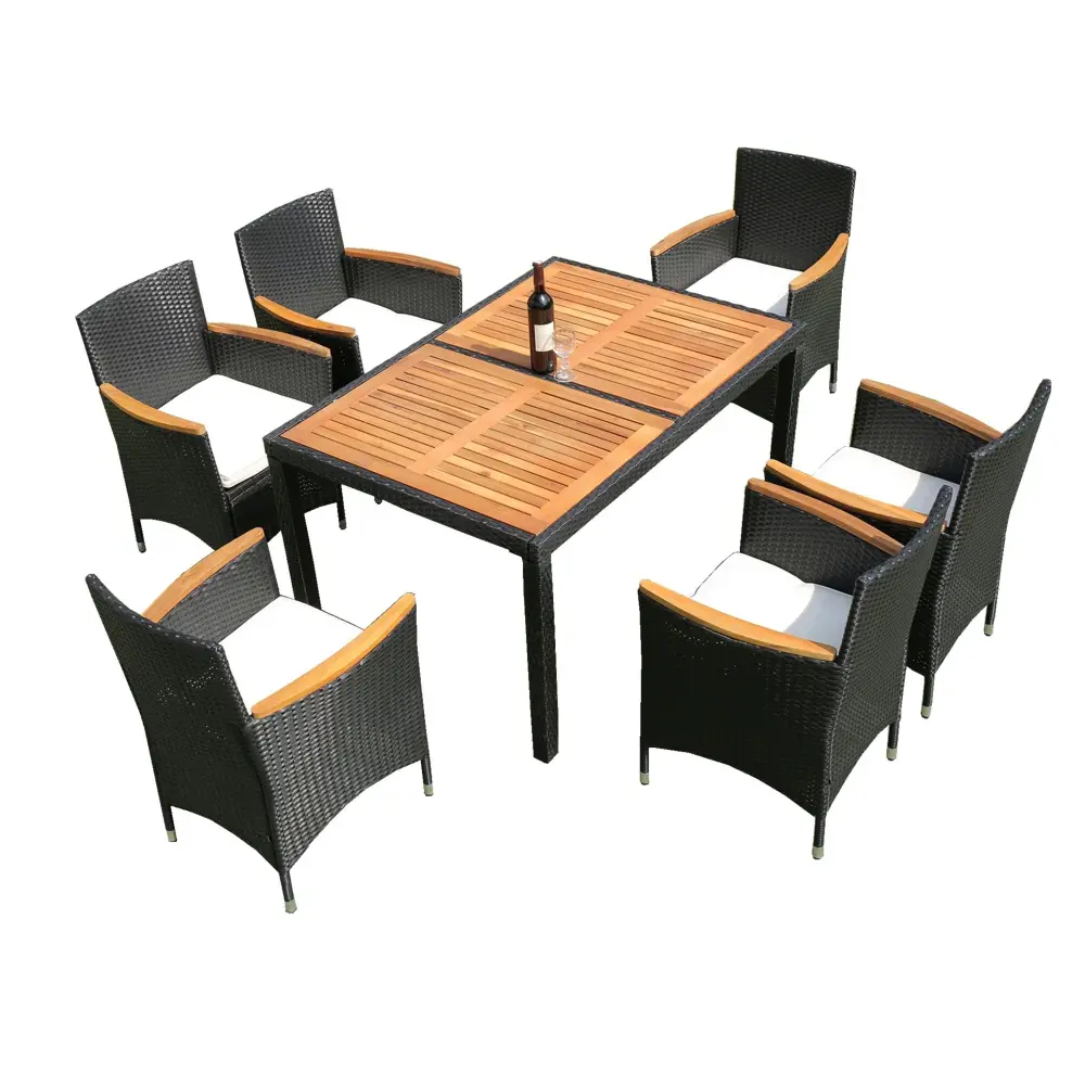 Outdoor Patio Wicker Dining Place Acacia Wood Top