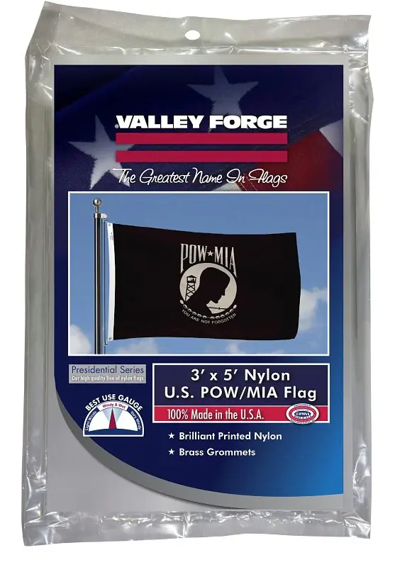 Valley Forge BTPOW3 Pow-Mia Military Flag, Nylon, Snow Legend, Black Background, 5 ft L, 3 ft W