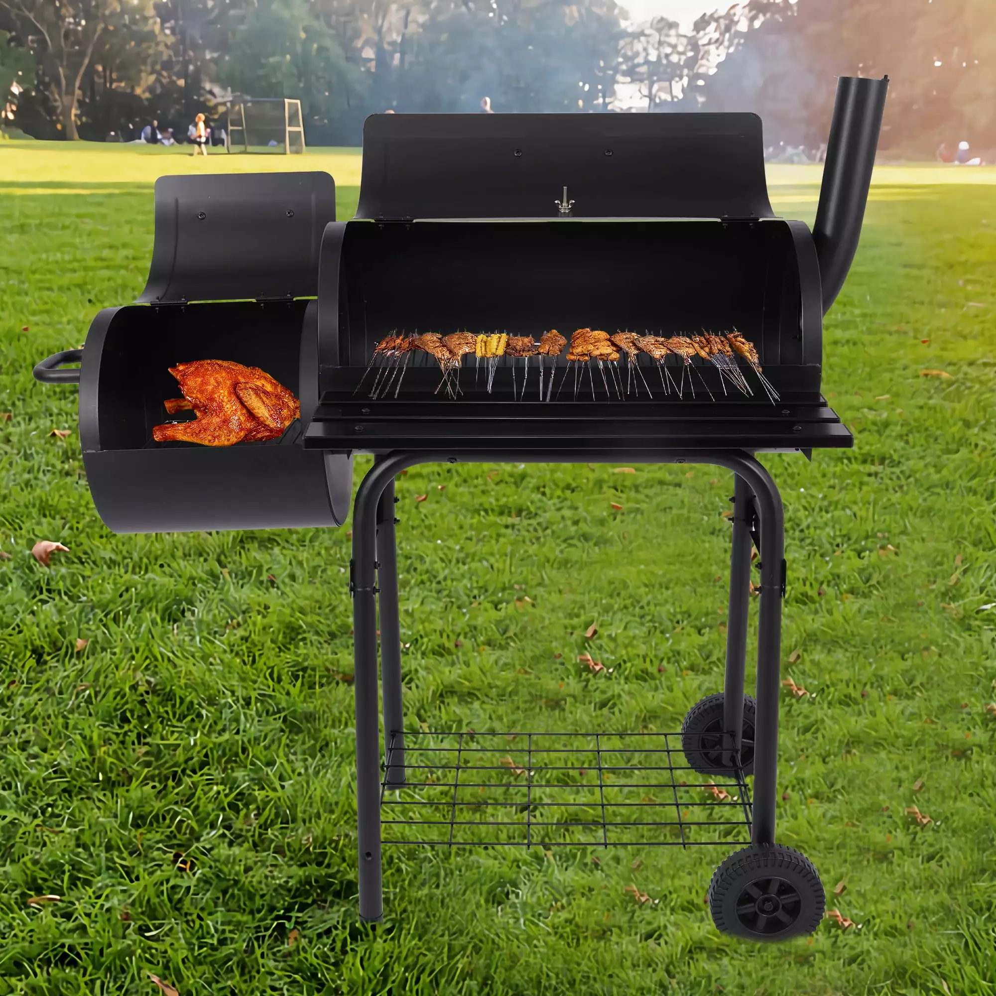 Outdoor Patio Barbecue Cooker Offset Smoker Wheels and Tray Balcony Picnics Party and Camping OKHOTY