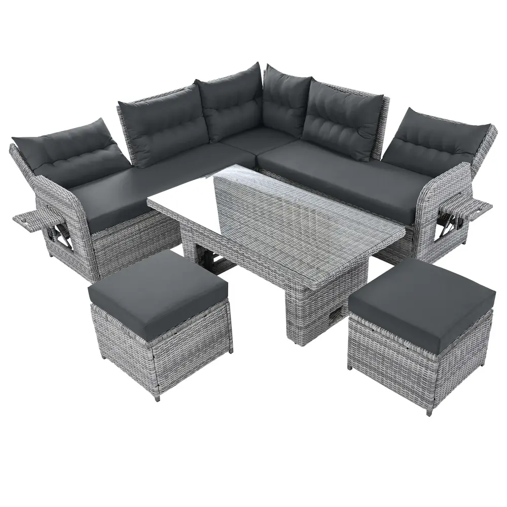 Outdoor Furniture Set Patio Rattan Furniture Set Adjustable Table, Recliners Stretchable Side Tables And 2 Ottomans