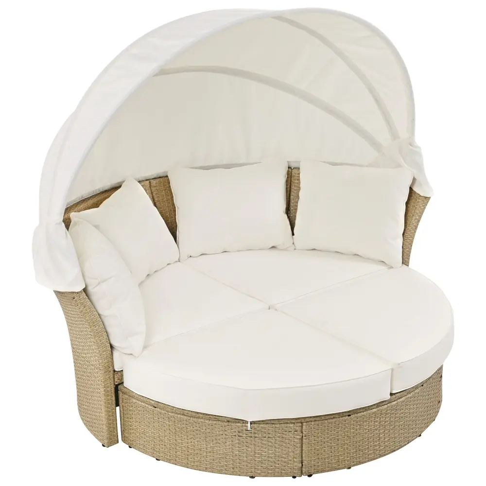 Stackable Side Outdoor Patio Daybed Wicker Rattan Double Daybed Round Sofa Furniture Place Retractable Canopy, 4 Pillows L...