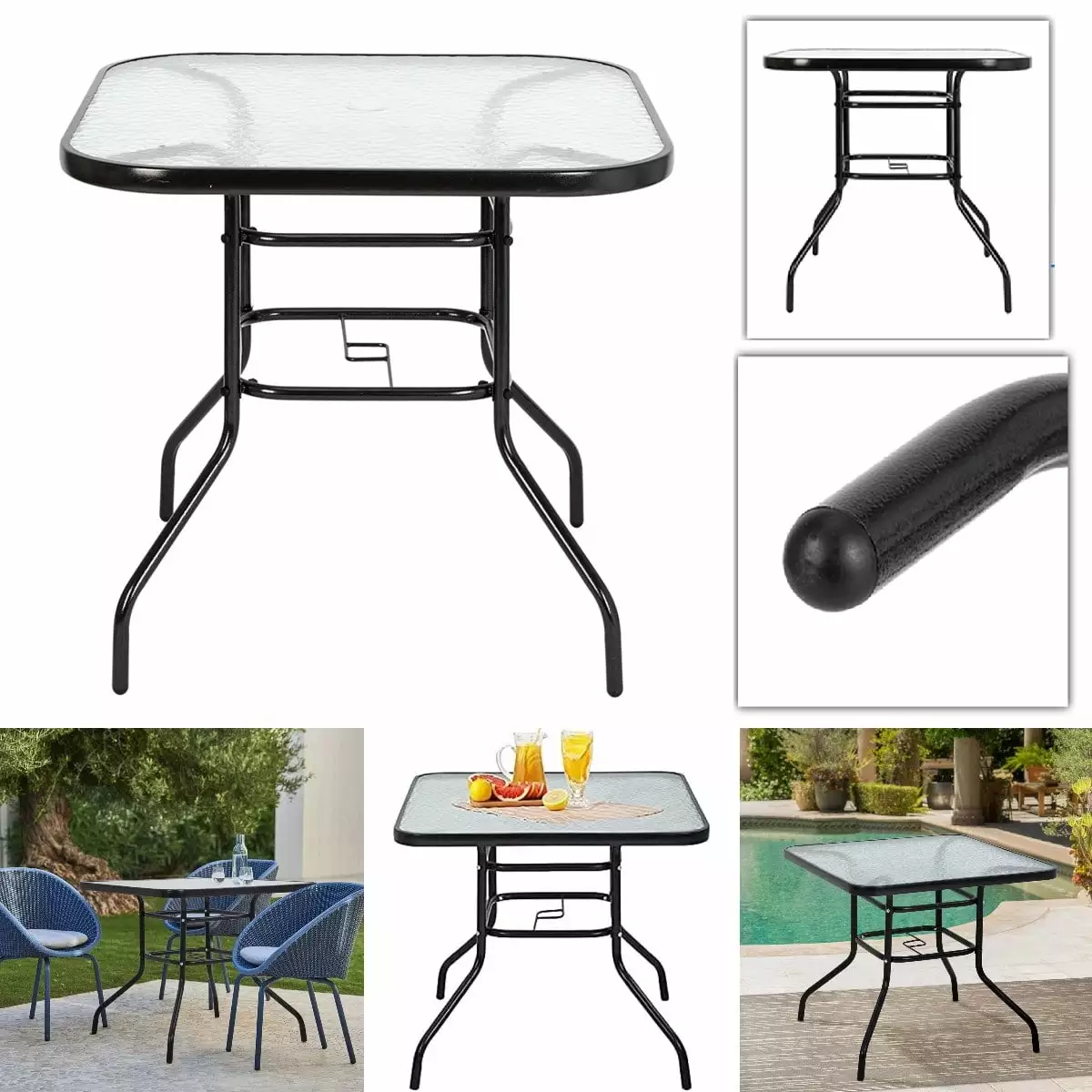 Goorabbit Glass Patio Table 31.5 Rattan Coffee Table Outdoor Wicker Square Side Table Garden Table Black Square