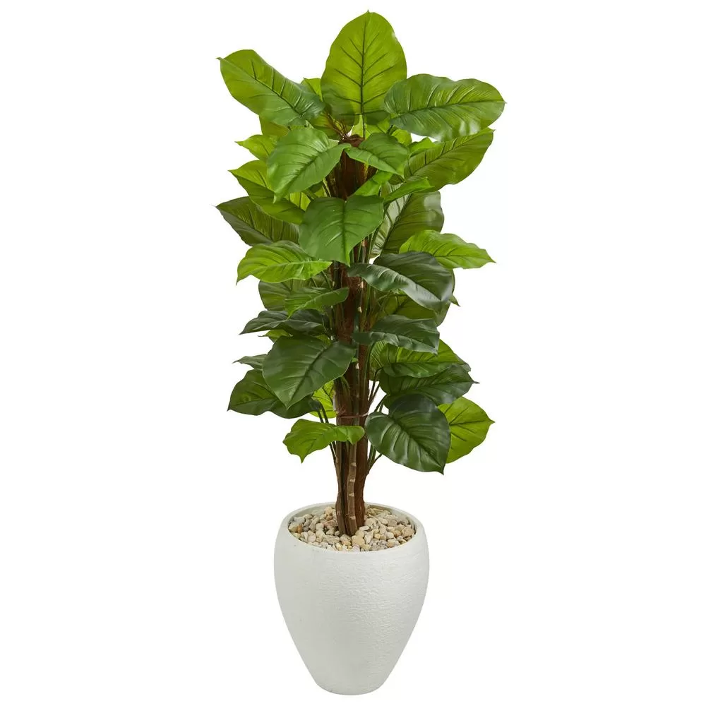 Nearly Natural Real Touch 5 ft. Large Leaf Philodendron Artificial Plant White Oval Planter