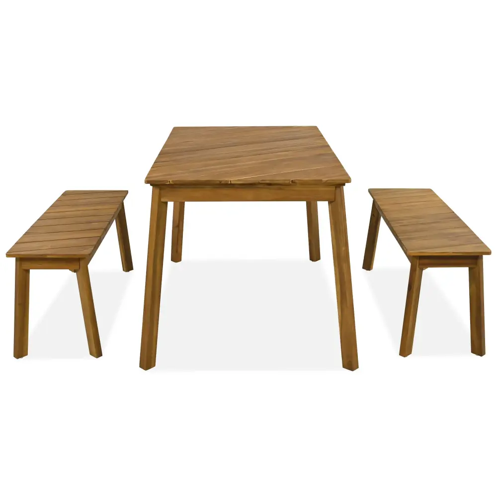 3 Pieces Acacia Wood Table Bench Dining Adjust Outdoor & Indoor Furniture 2 Benches, Picnic Beer Table Patio, Porch, Garde...