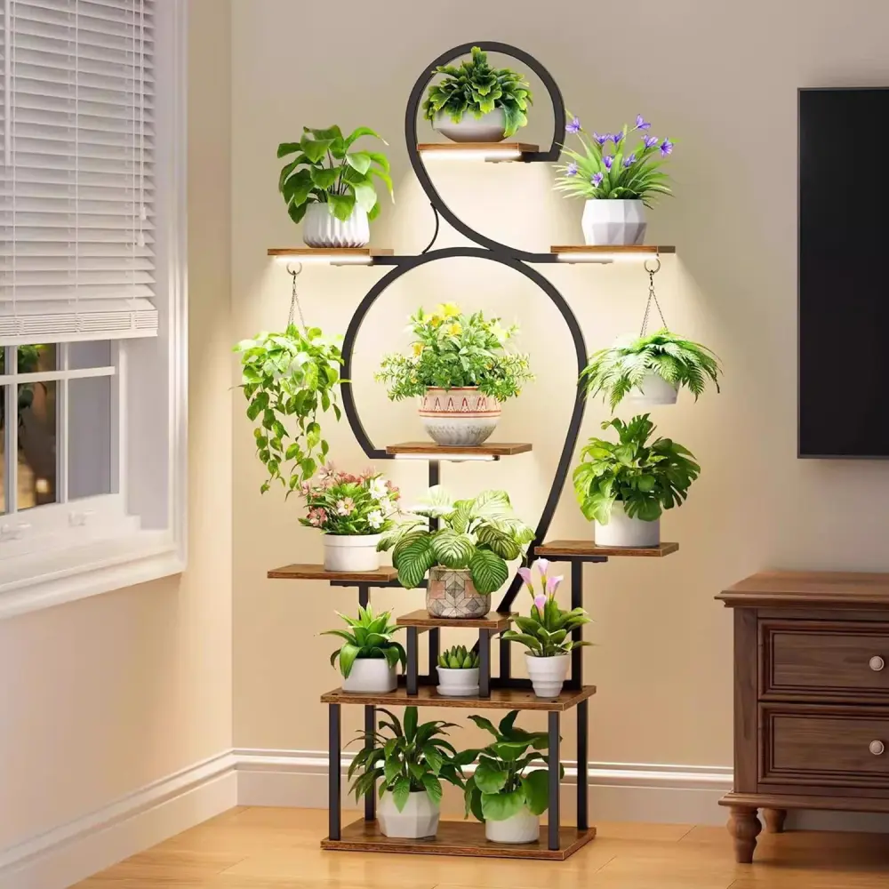 Plant Stand Indoor Grow Airy, 9 Tiered 63" Tall Indoor Plant Shelves Multiple Plants - Walnut / Black