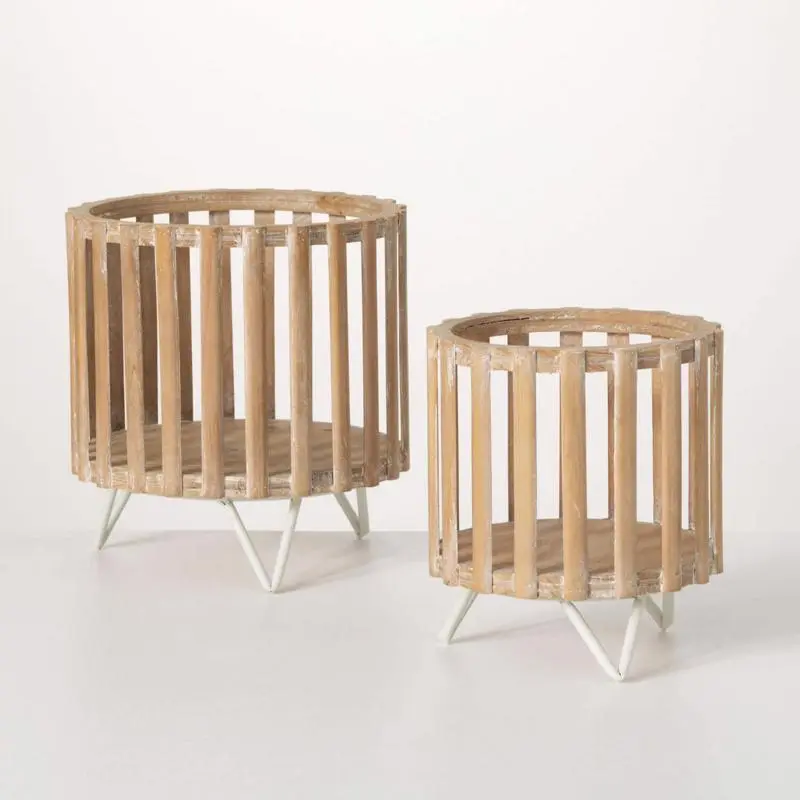 Sullivans Brown/White Wood Plant Display Holder Set Home Decor