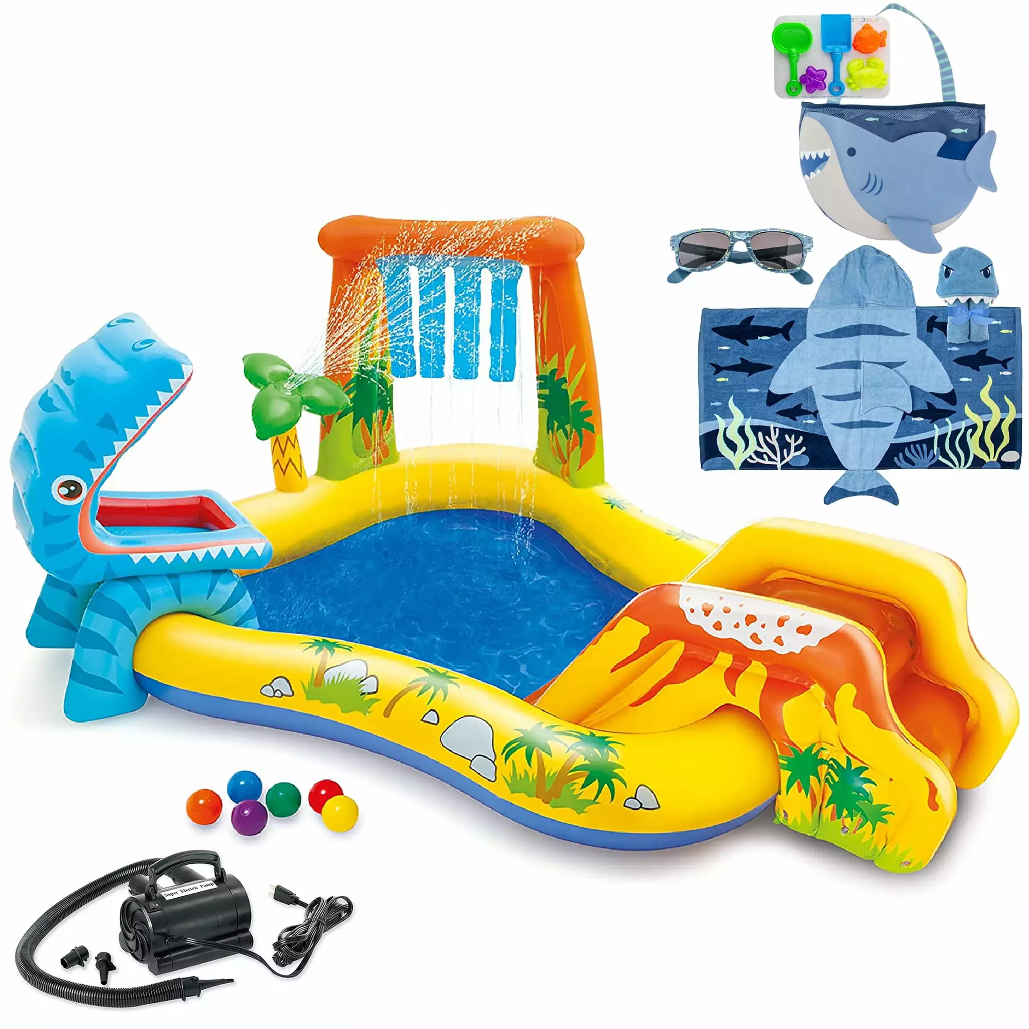 Aventis Kids Dinosaur Inflatable Play Center Water Pool Bundle Hooded Towel Beach Tote Sunglasses Electric Air Pump