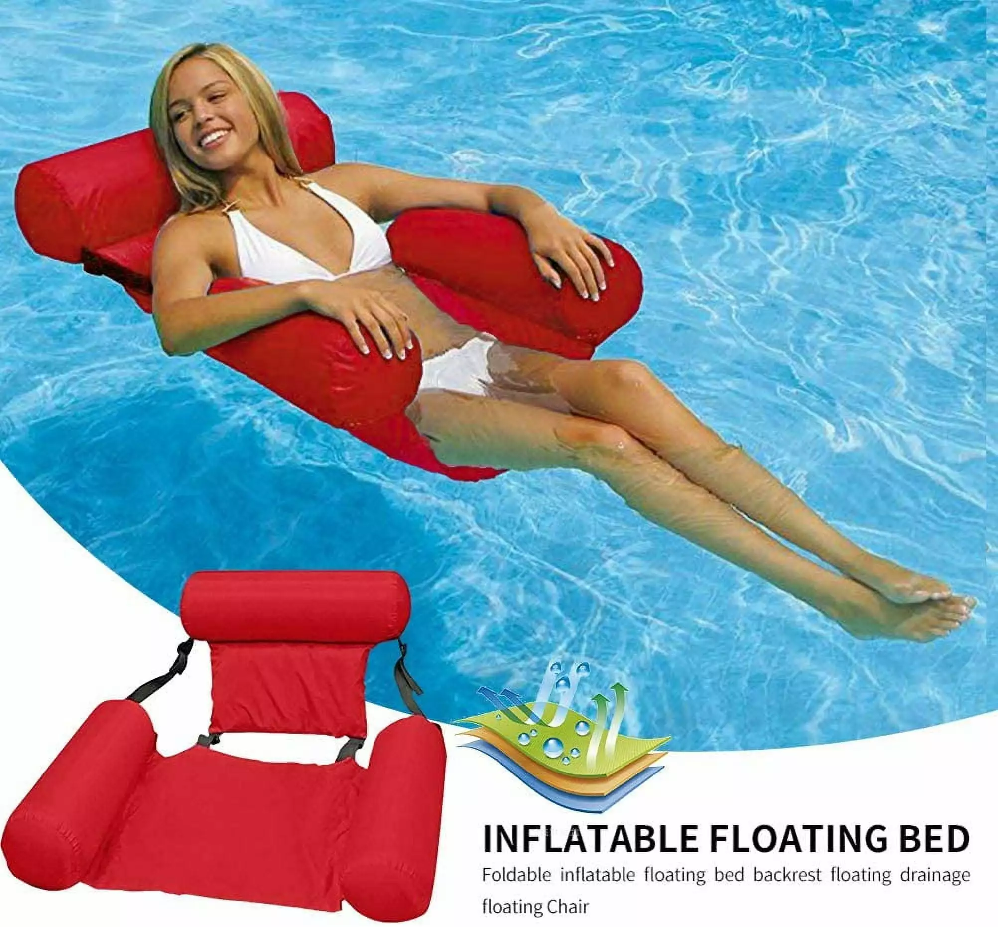 LNGOOR Foldable Backrest Float Row Inflatable Swimming Pool Float Lounge Chair Red