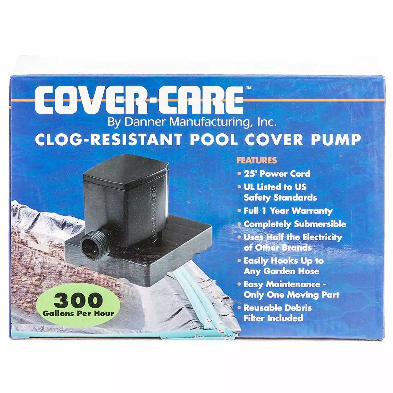 Danner Cover-Care Clog-Resistant Pool Cover Pump 300 GPH 25' Cord Easy Water Removal 300
