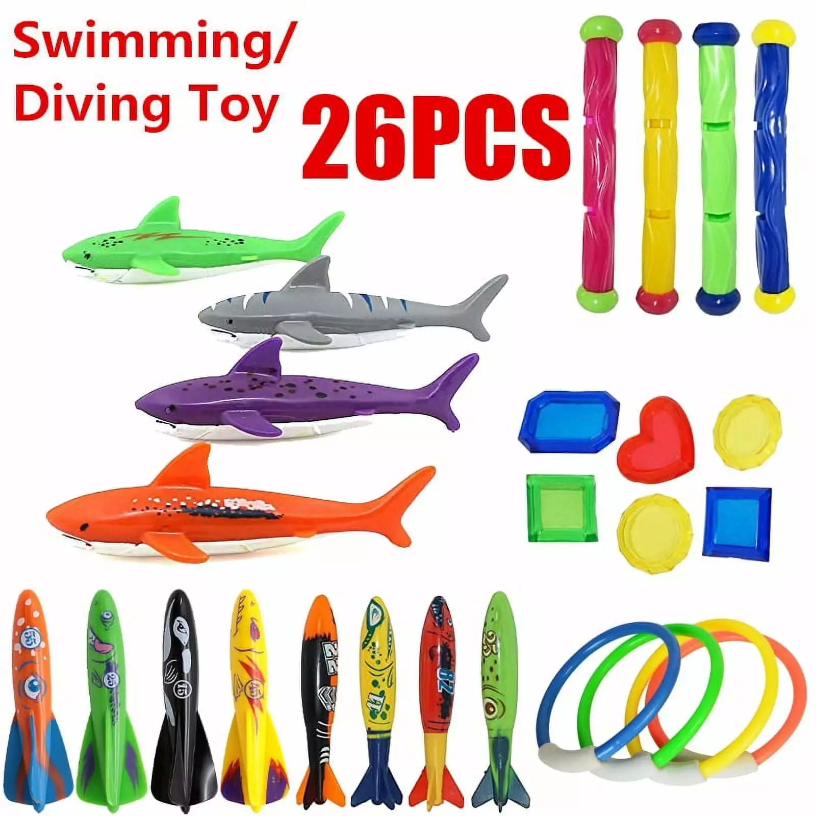 Autrucker Plastic Diving Toys Pool Dive Shark Water Throwing Torpedo Kids Funny Gift 26PCS
