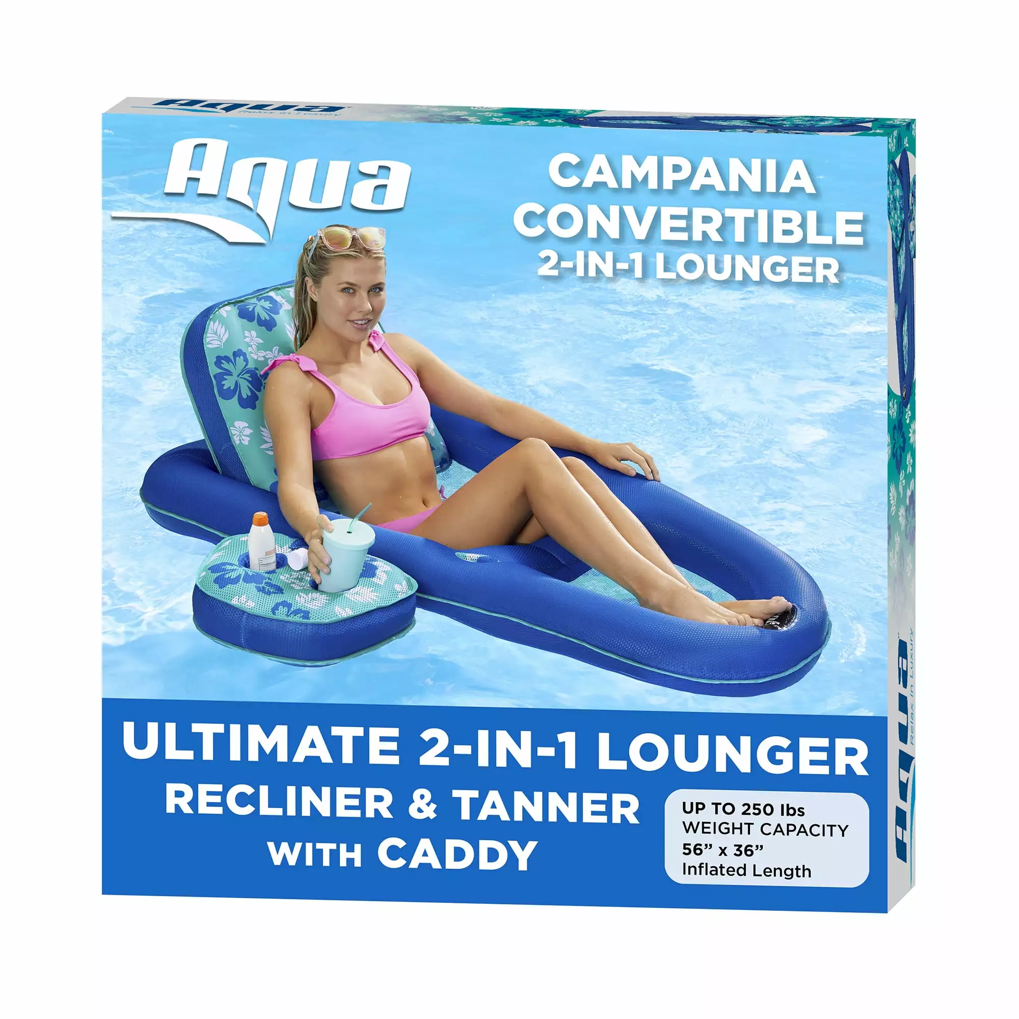 Aqua Leisure Campania Convertible 2 1 Pool Float Lounge Caddy Teal Hibiscus