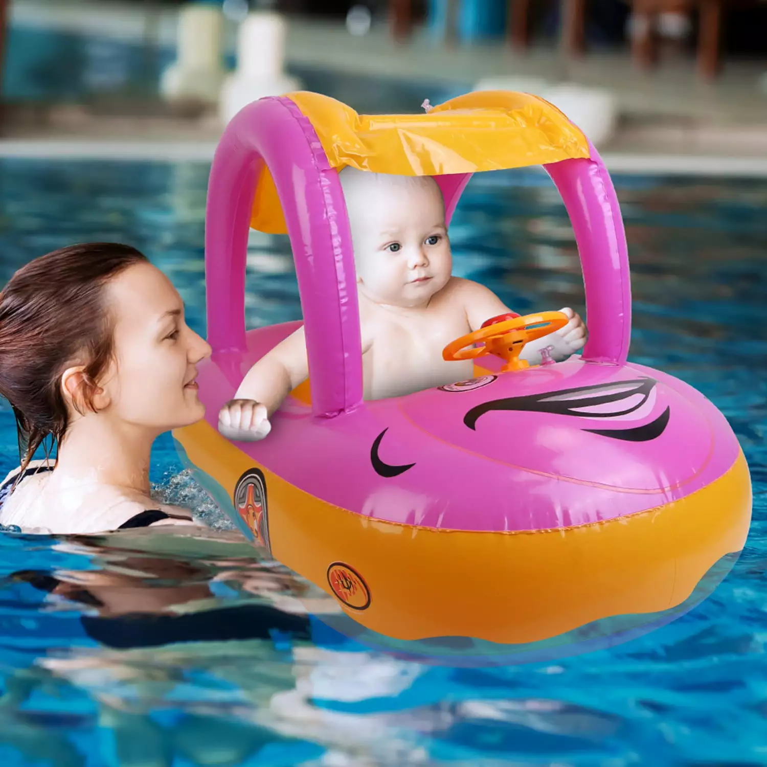 iMounTEK Baby Swimming Pool Float Car Shaped Sun Protection Canopy Toddlers