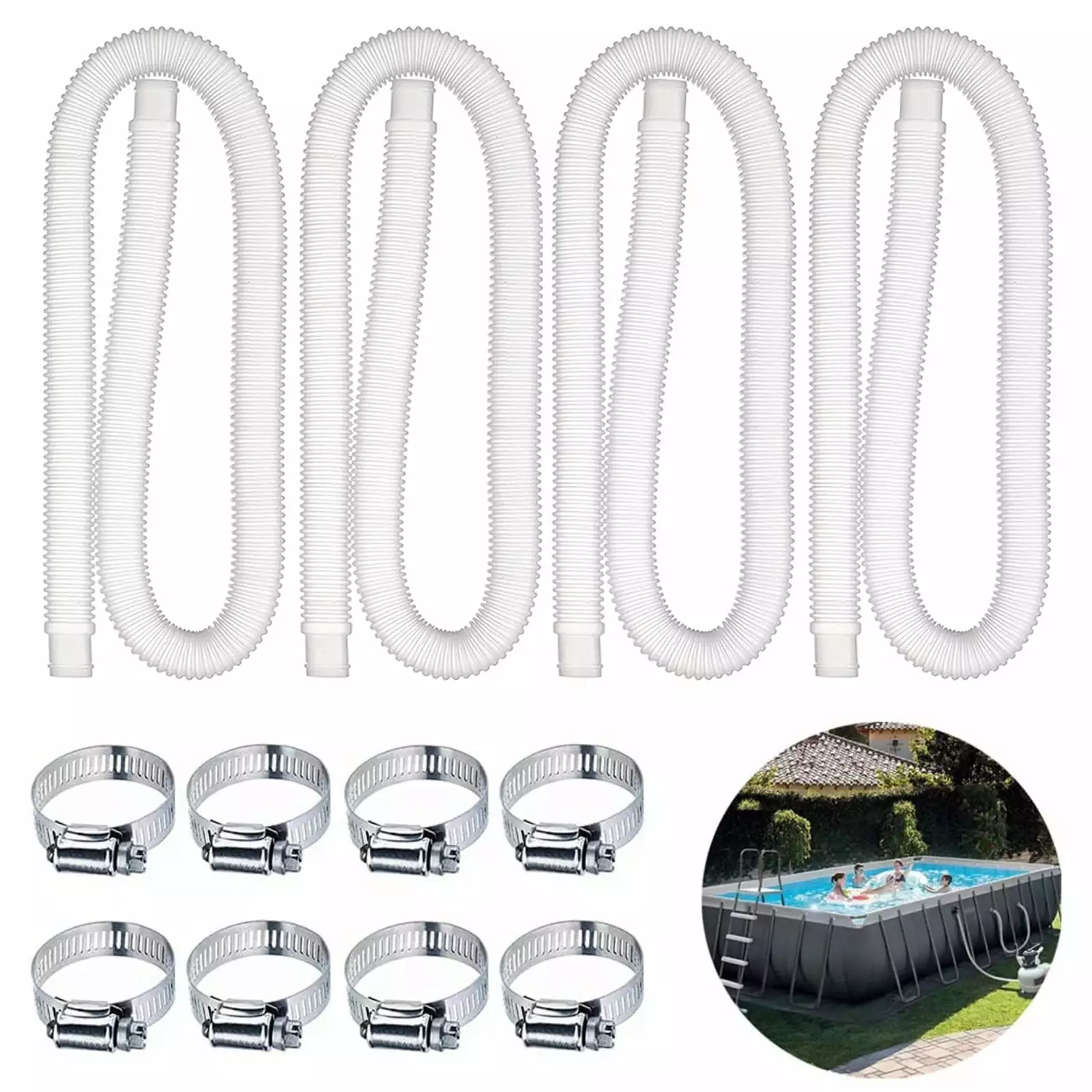 1.25 Inch Pool Pump Replacement Hoses Above Ground Pools - 4 Pack 8 Clamps
