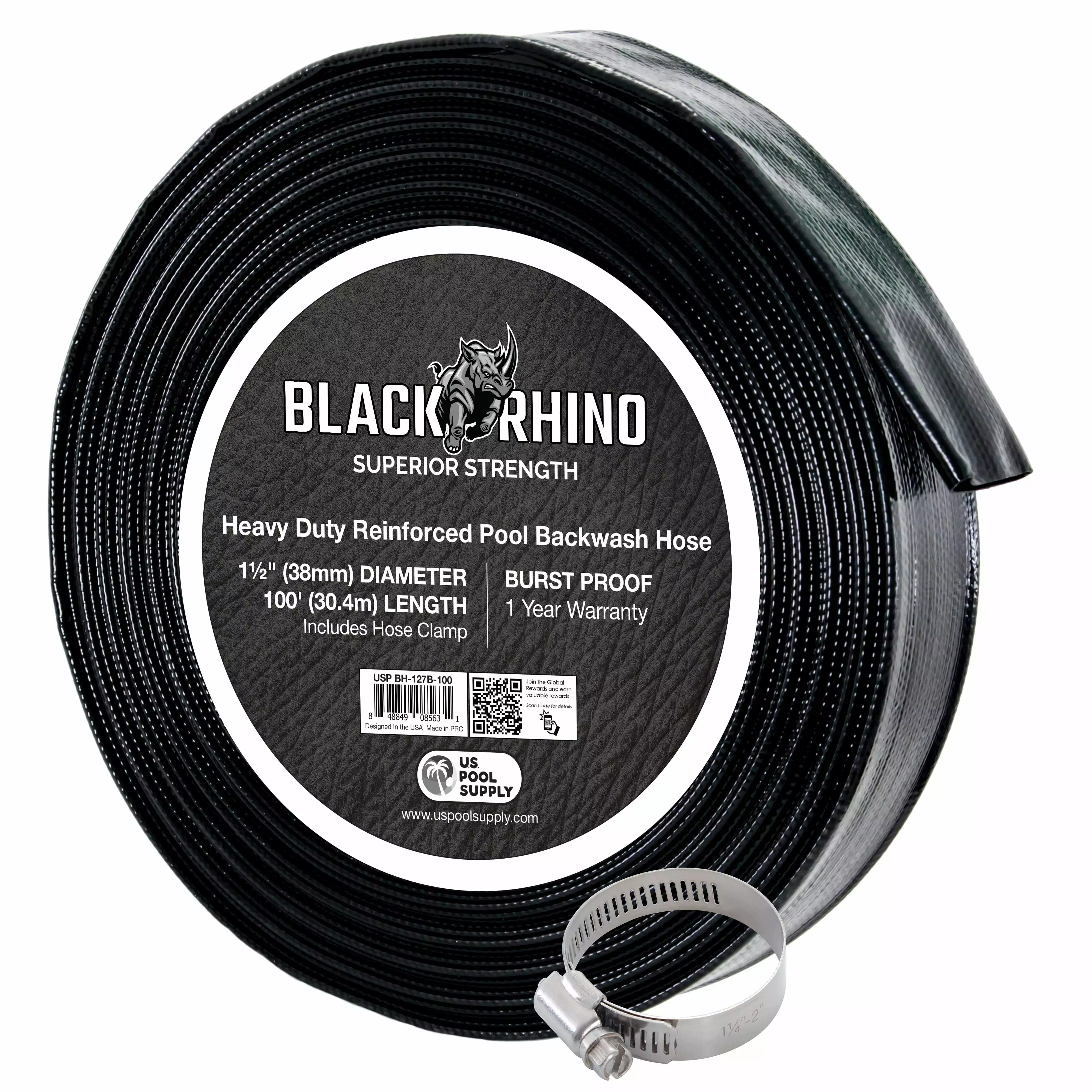 Black Rhino 1-1/2 x 100' Pool Backwash Hose Hose Clamp - Heavy Duty Weather Resistant Pool Drain Hose 1
