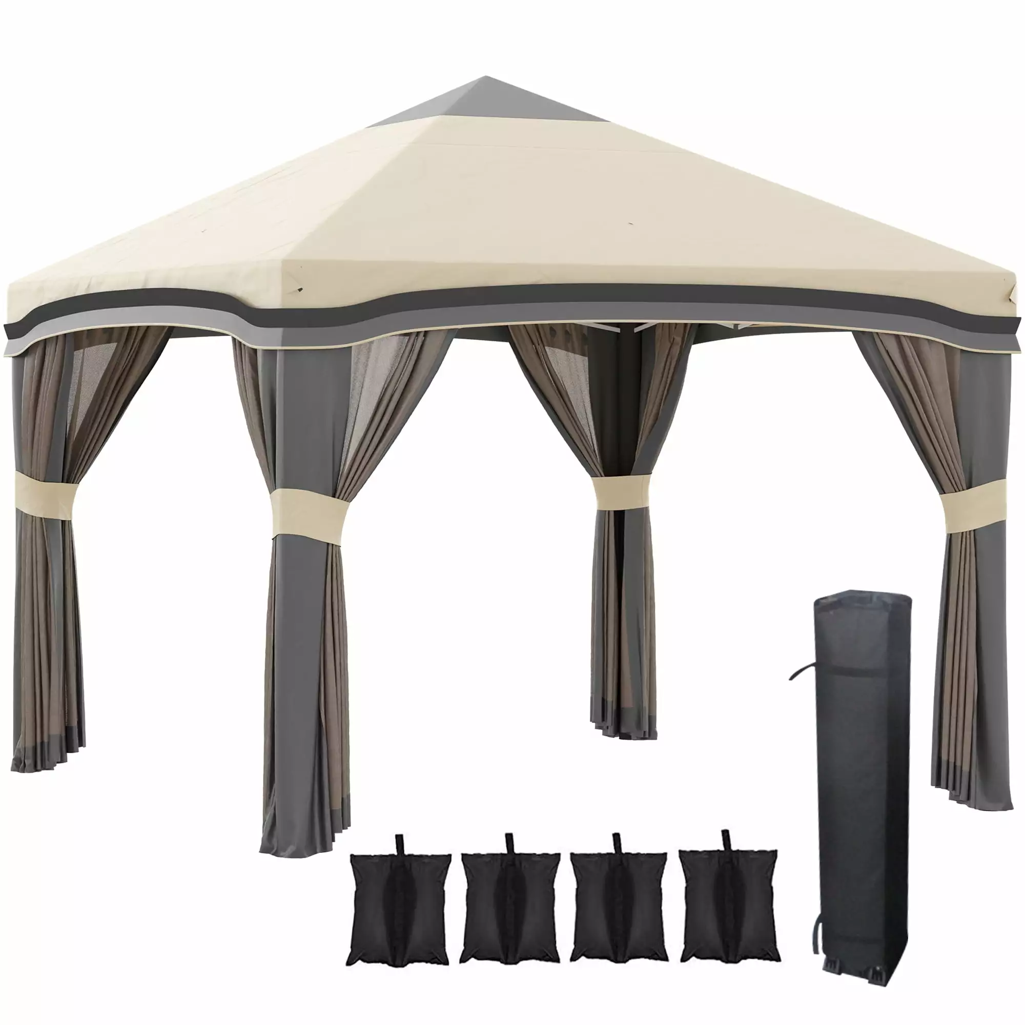 CoSoTower 10x10 Pop Up Canopy Tent Netting Wheeled Carry Bag and 4 Sand Bags Outdoor Parties Beige