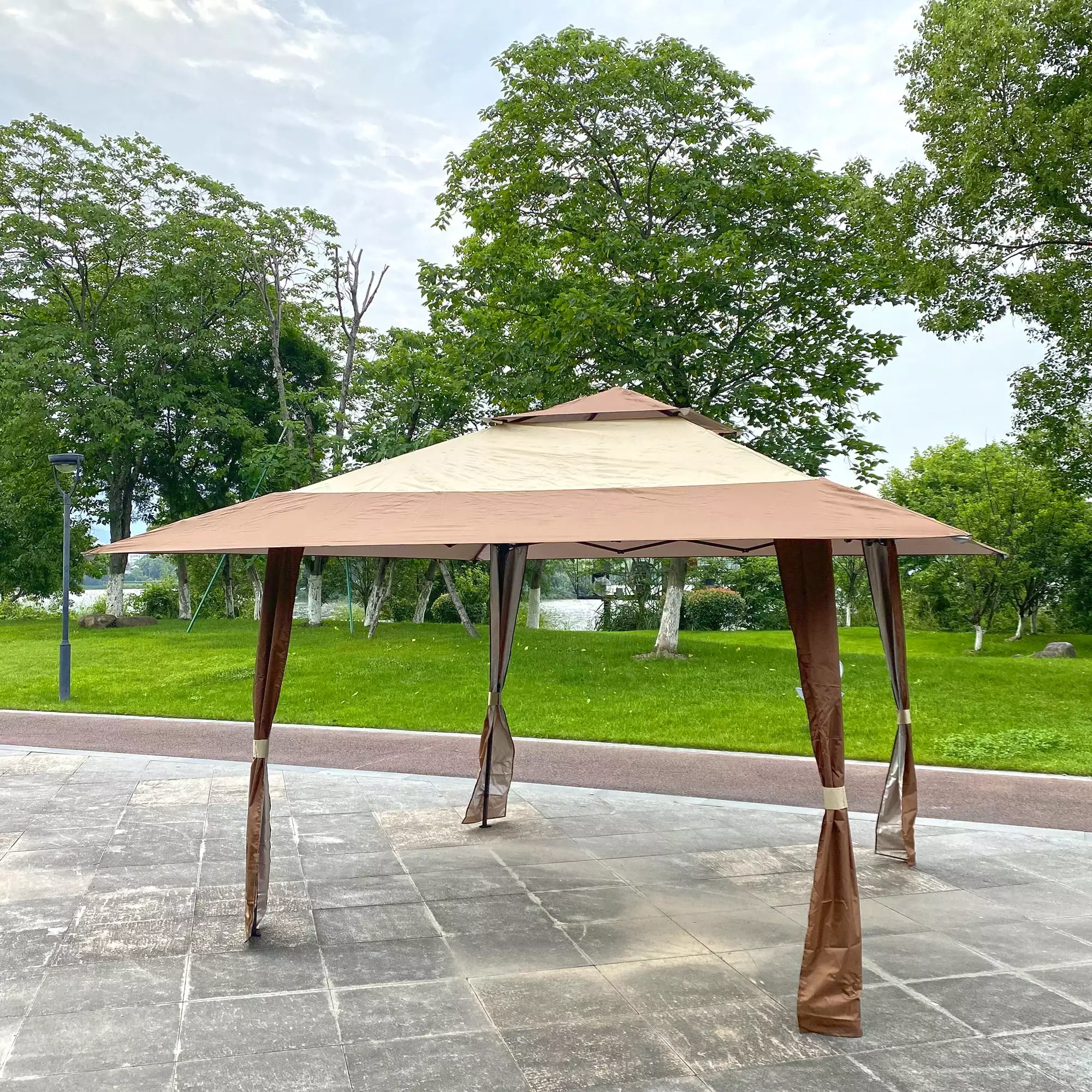 13x13ft Pop Up Outdoor Gazebo Canopy Tent UV Protection and Corner Curtains Beige Segmart