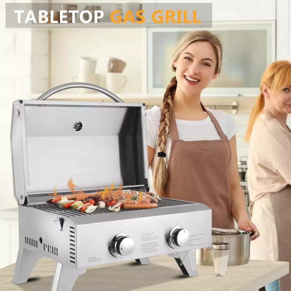 Topcobe 2-Burner Gas Grill Foldable Stainless Steel Tabletop BBQ Outdoor Camping Picnic