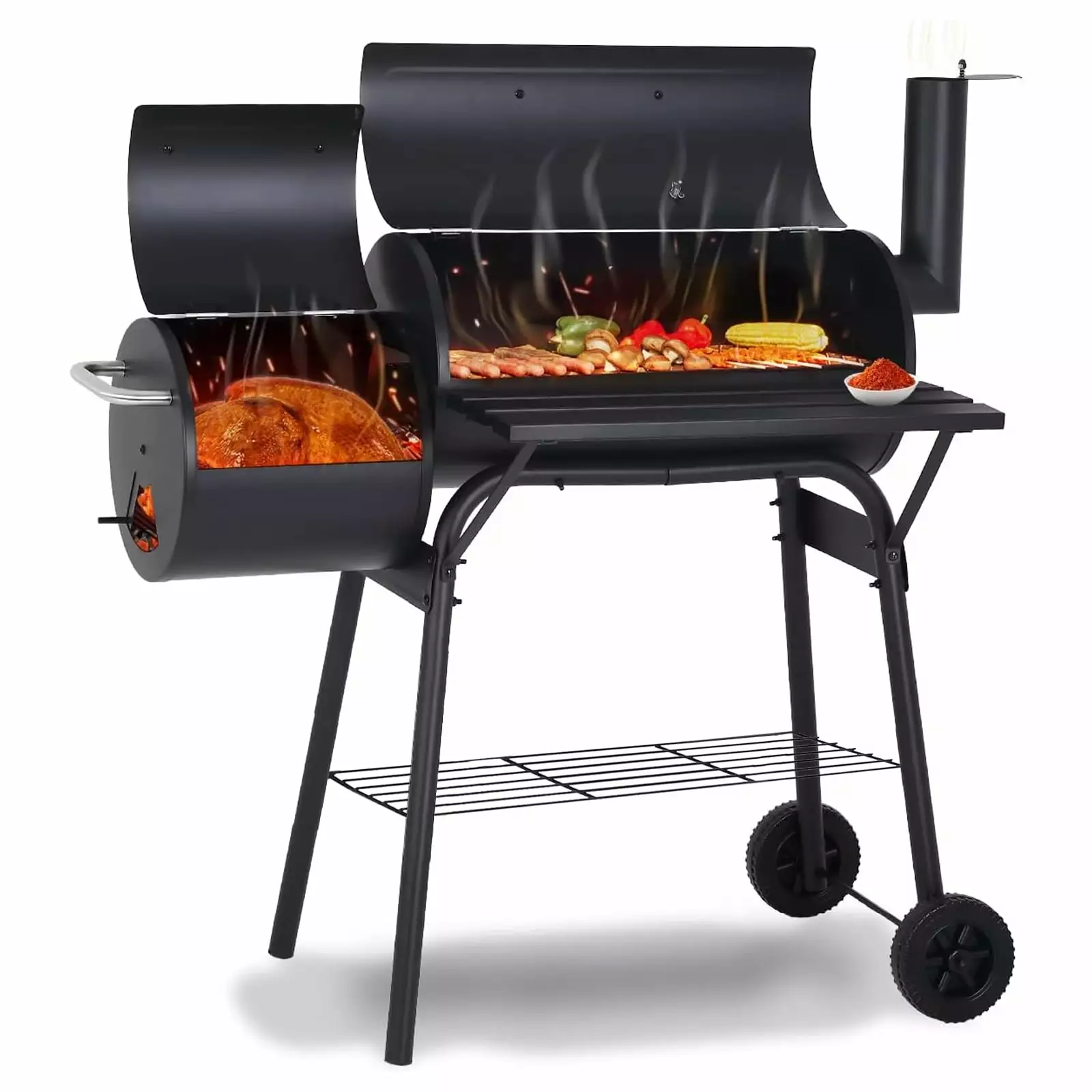 AKIUDEX Outdoor Travel-friendly Charcoal Grill Offset Smoker Patio Backyard BBQ Black