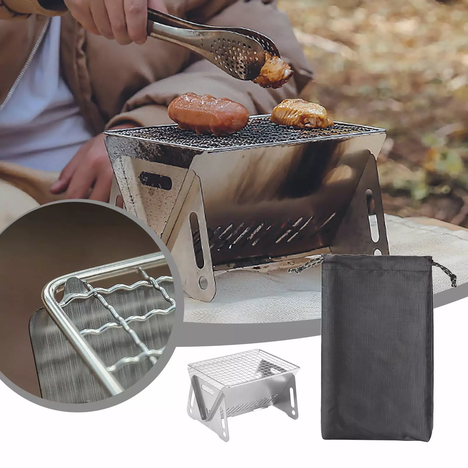 Aaihamo Featherweight Folding Stainless Steel Charcoal Grill Outdoor Camping Picnic Backyard BBQ Akmoler