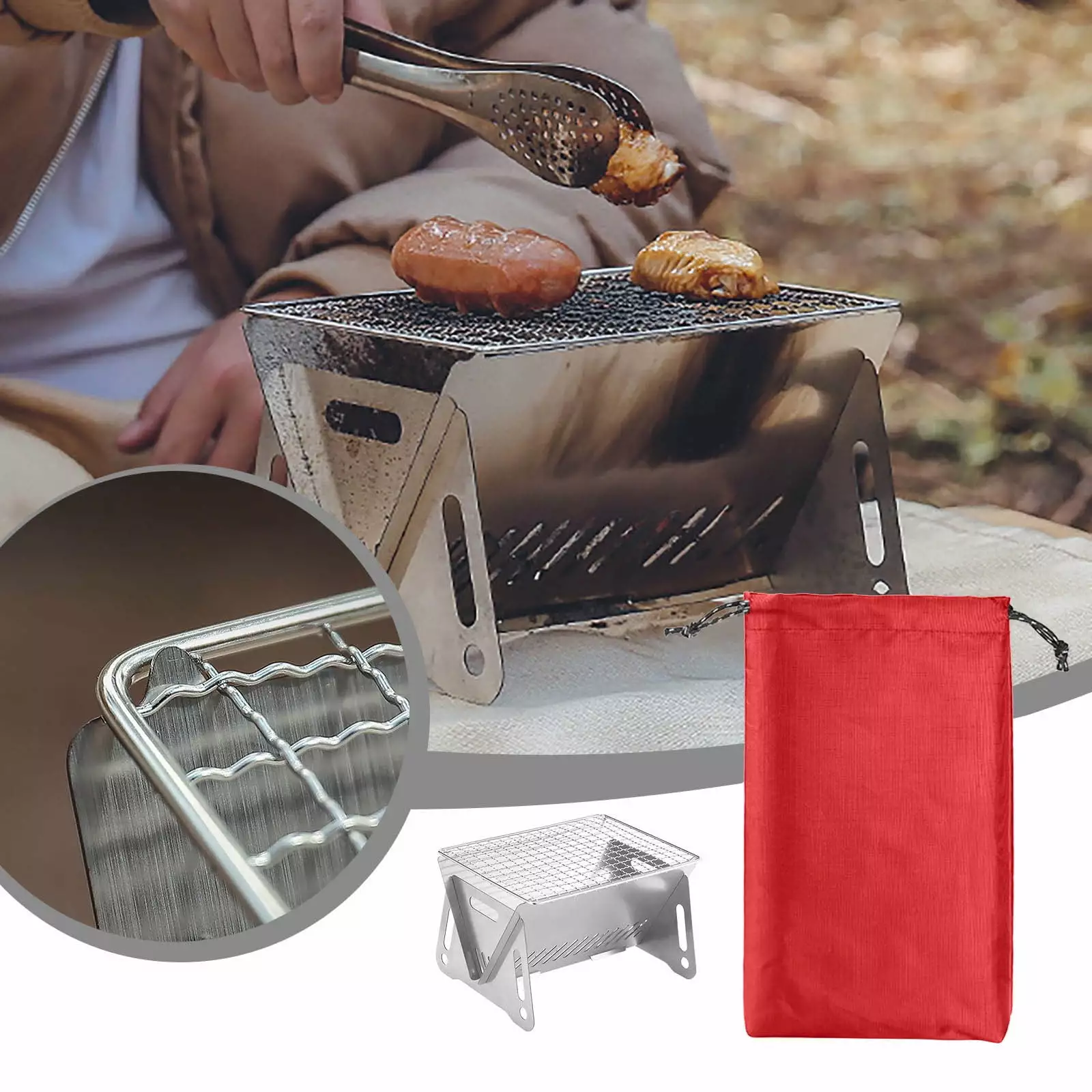 FAJHHA Featherweight Folding Charcoal Grill - Stainless Steel Travel BBQ Camping Picnic Backyard Rkxzt