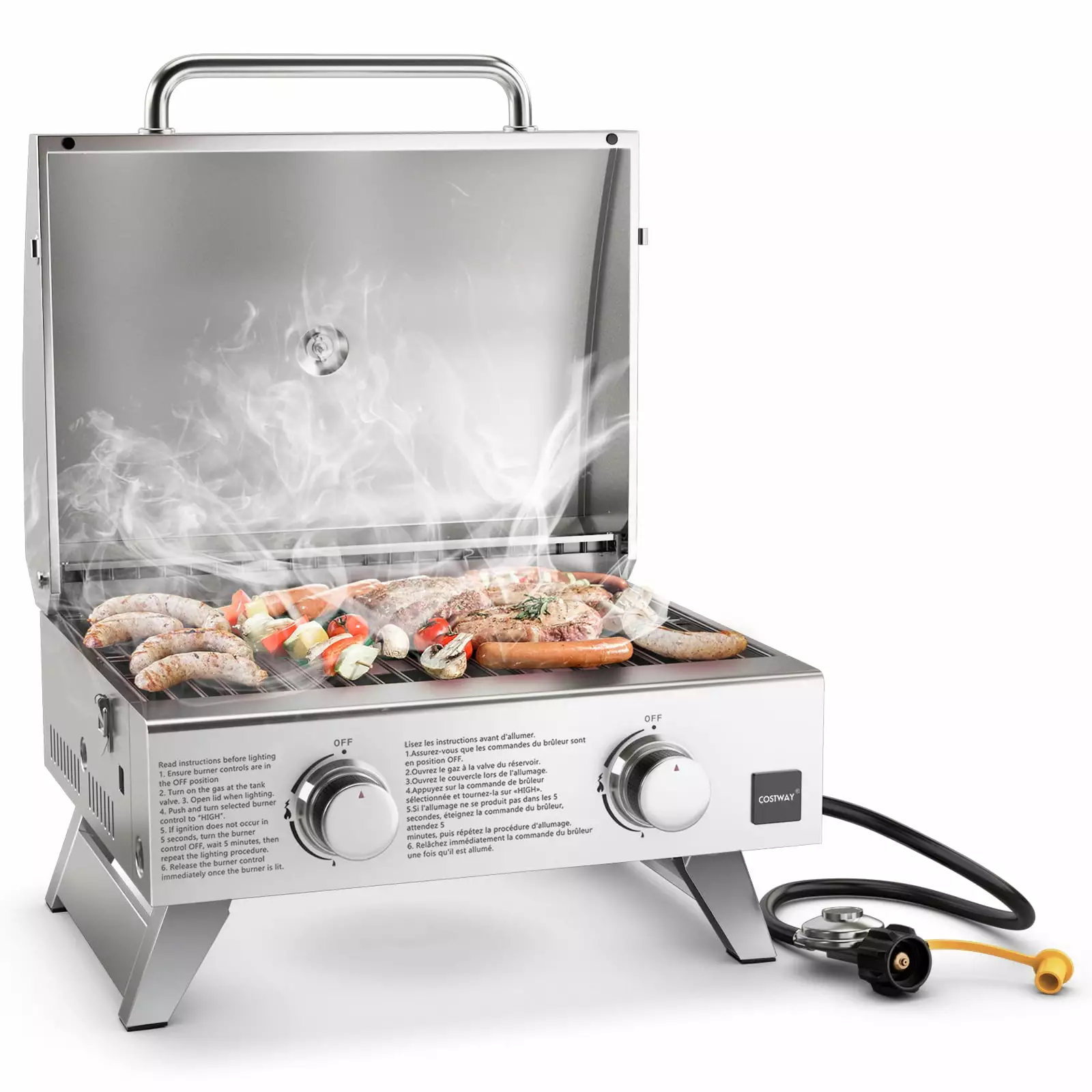 Topbuy 20000 BTU Travel-friendly Gas Grill 2-Burner Stainless Steel Propane Grill Lid Handle Thermometer