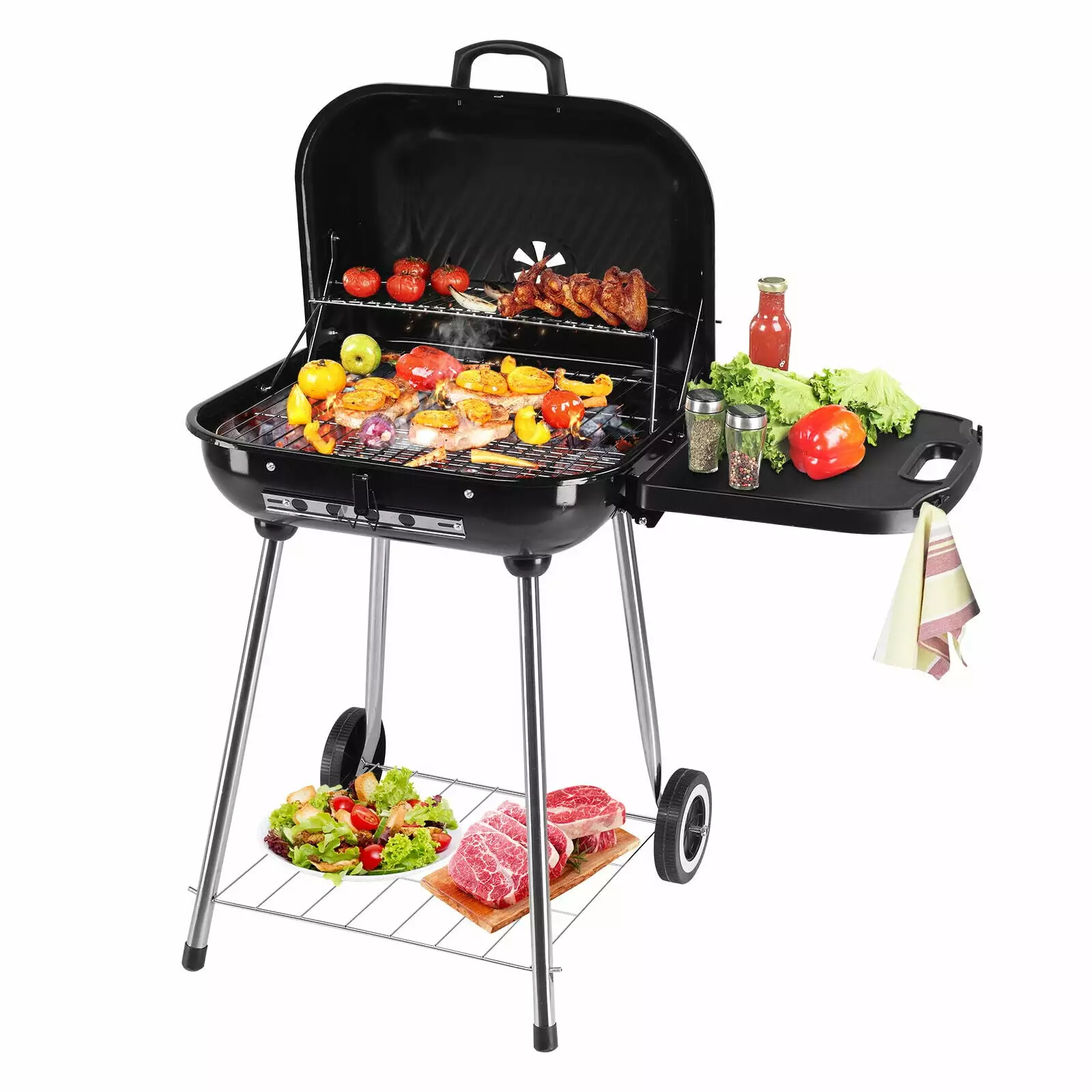 28 Travel-friendly Charcoal Grill Wheels and Foldable Side Shelf - Large BBQ Smoker UN BRAND