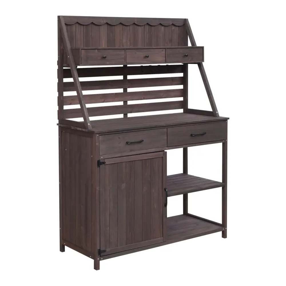 Weather-Resistant Outdoor Potting Bench 5 Drawer Storage And Slatted Back Panel, Garden Workstation - Chestnut