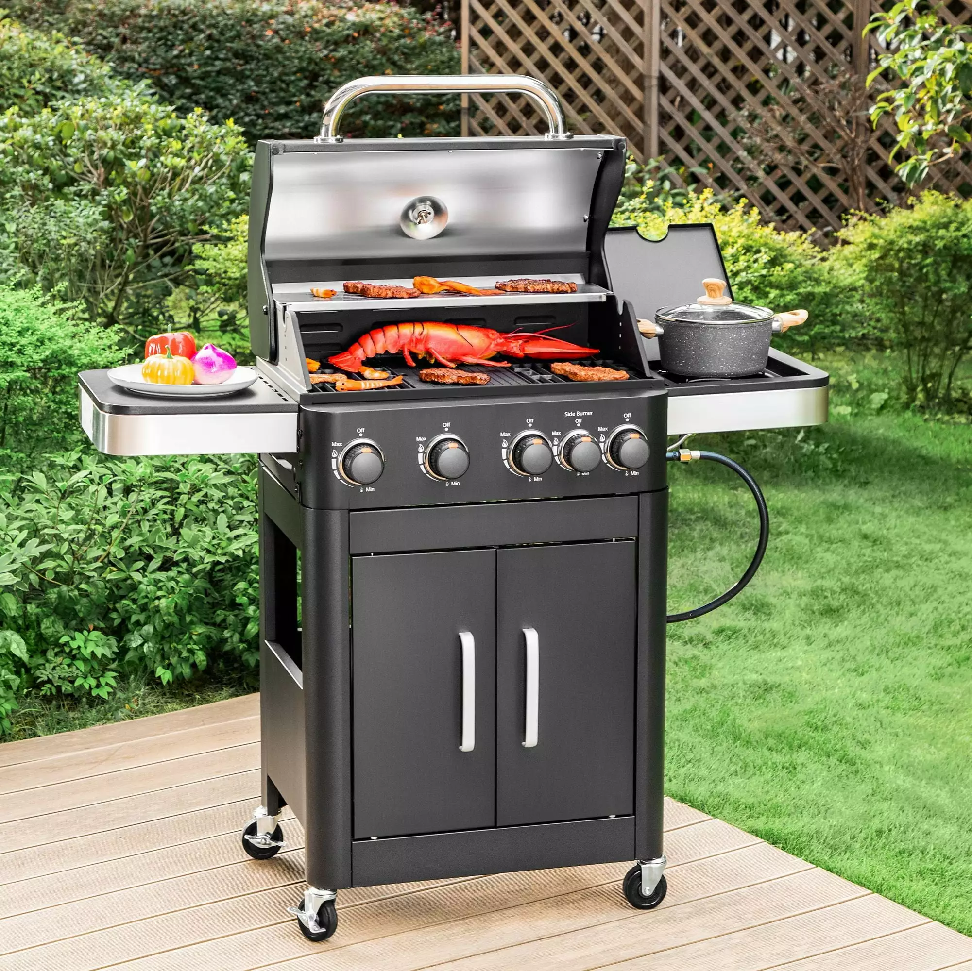 Alpha Joy 4-Burner Propane Gas Grill Side Burner Black Outdoor Cooking