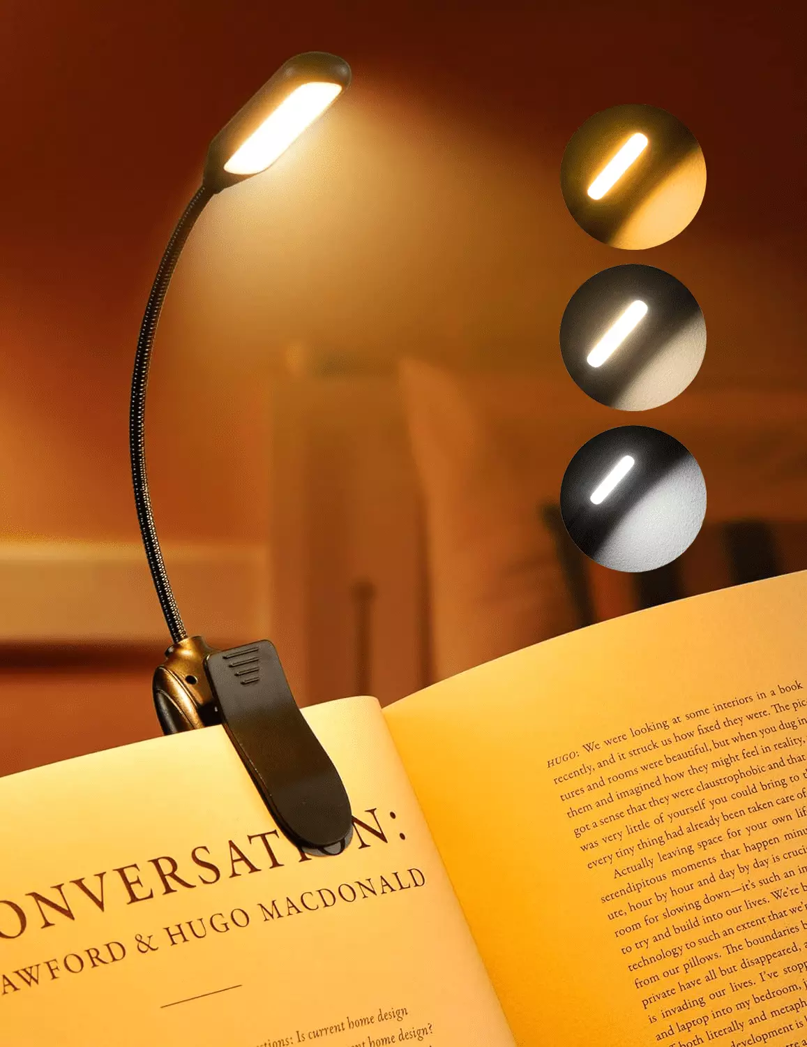 Victsing Rechargeable Book Light Reading Bed 80H 3 Brightness 3 Color Temperatures Flexible Clip Light