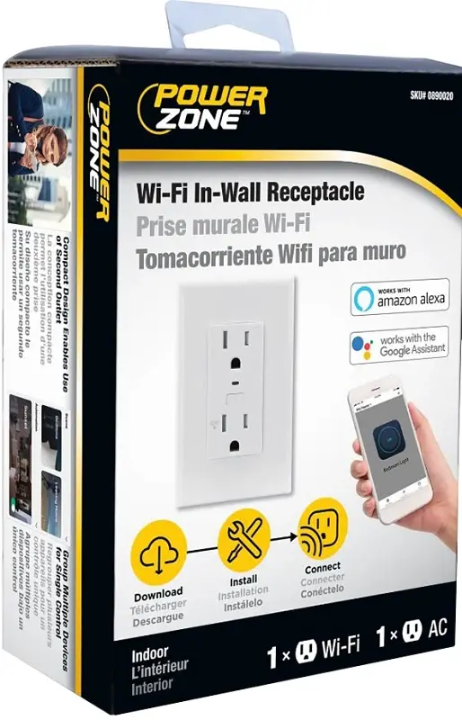 PowerZone ORWFIRC01 Wi-Fi Controlled Receptacle, 1-Pole, 125 V, Grounded Socket, Wi-Fi, Snow