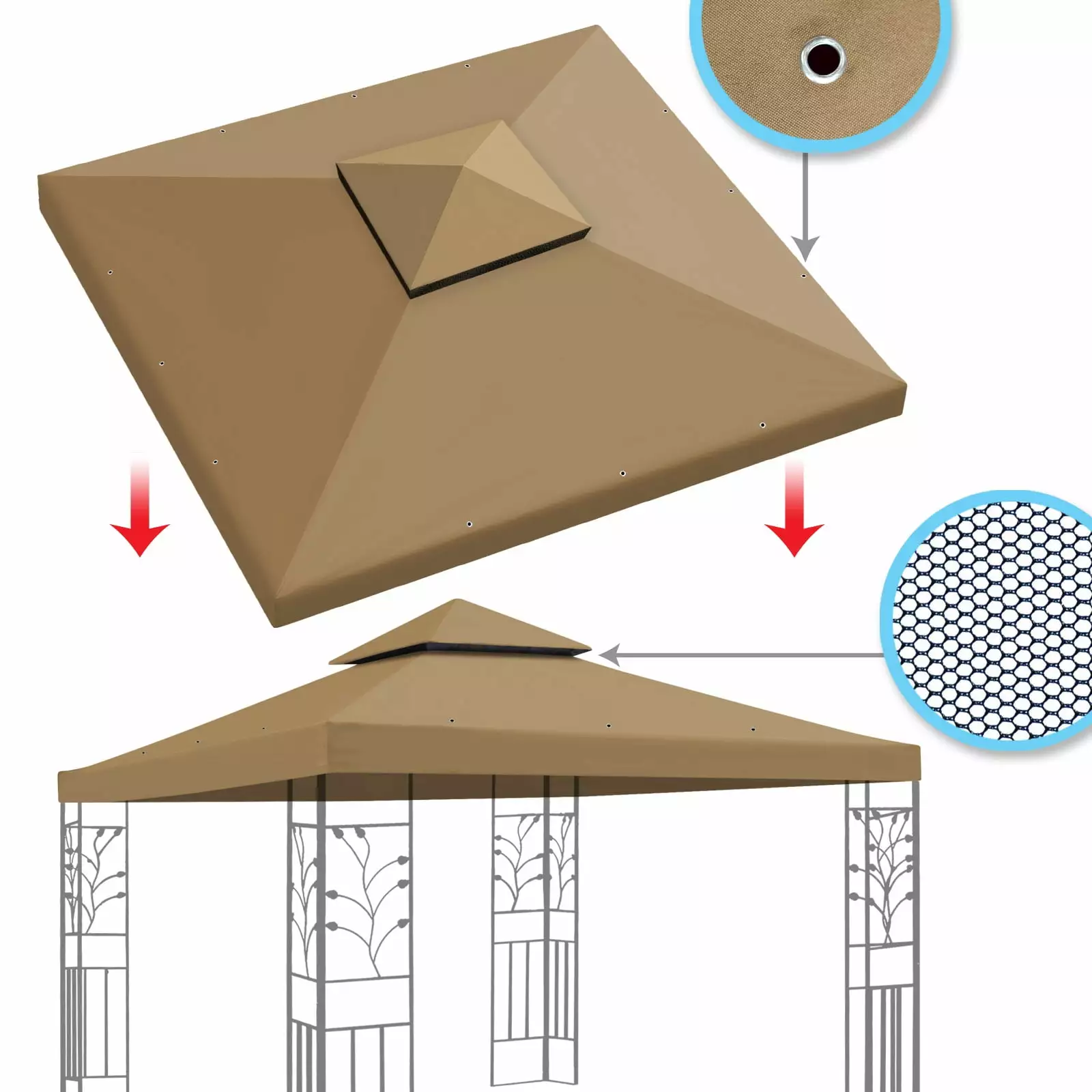SUNNY 10x10 FT Gazebo Replacement Canopy Top Double Tier Canopy Top Cover Tan