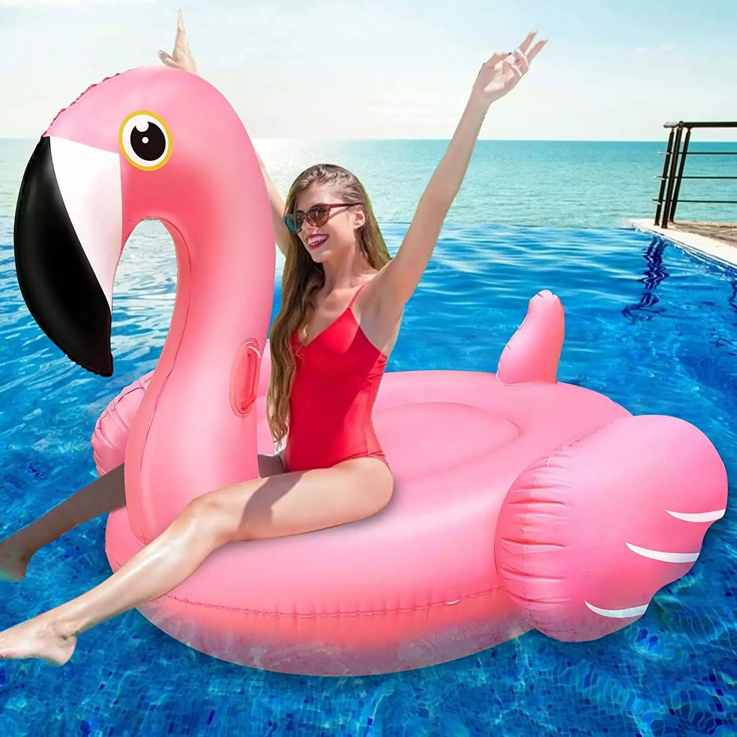 YOMYM Giant Inflatable Flamingo Ride on Pool Float Fast Valves Adults Pink