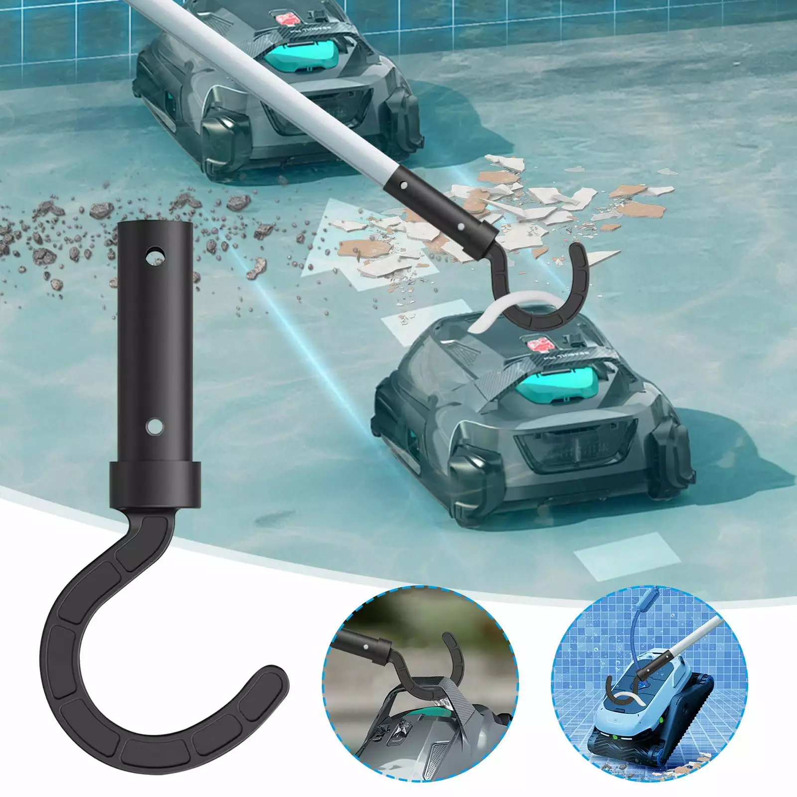 Hook Robotic Pool Cleaner Attaches to Telescopic Poles Above Ground and Underwater Use One