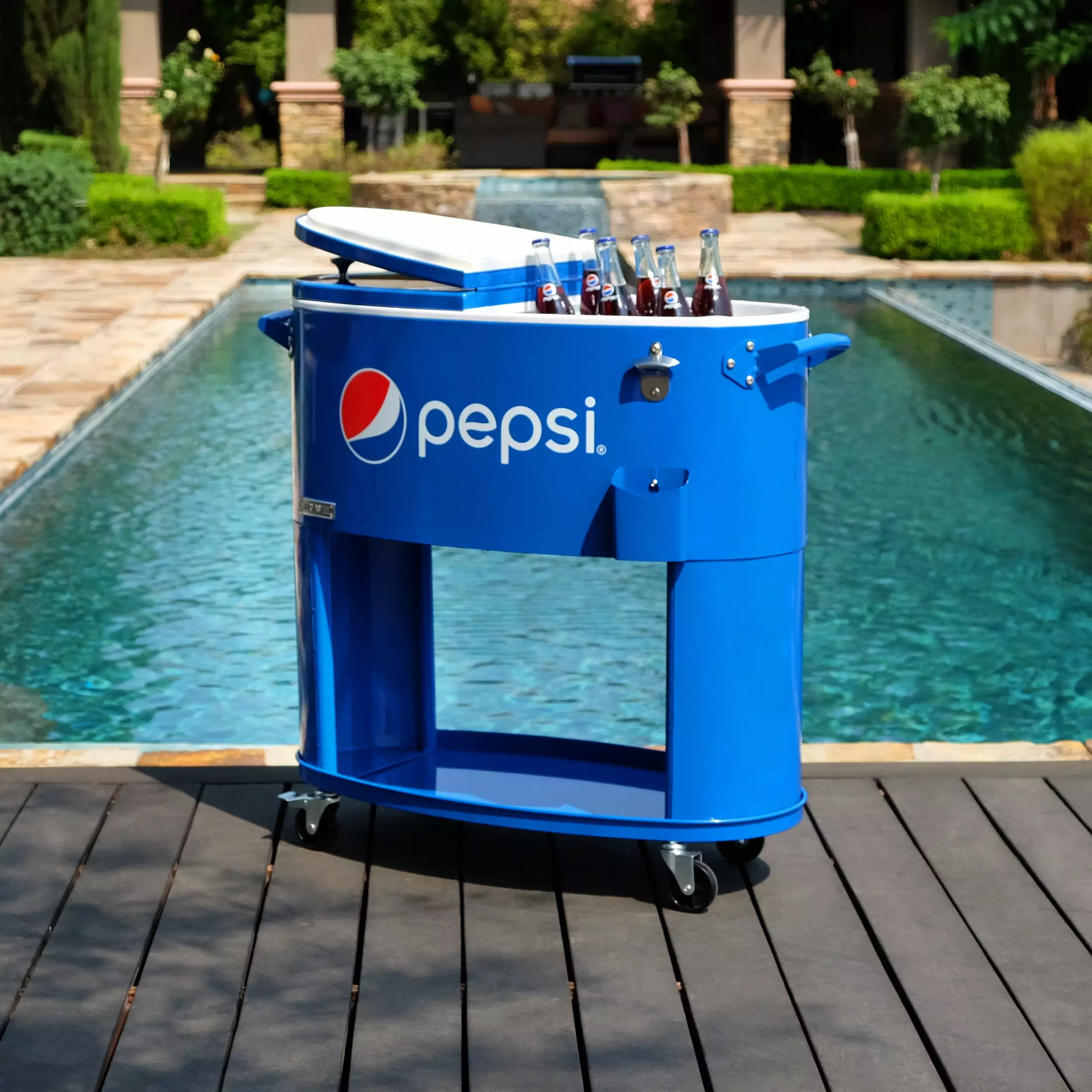 Pepsi 80-Quart Outdoor Rolling Cooler On Wheels Backyard Deck Patio Pepsi Blue Permasteel