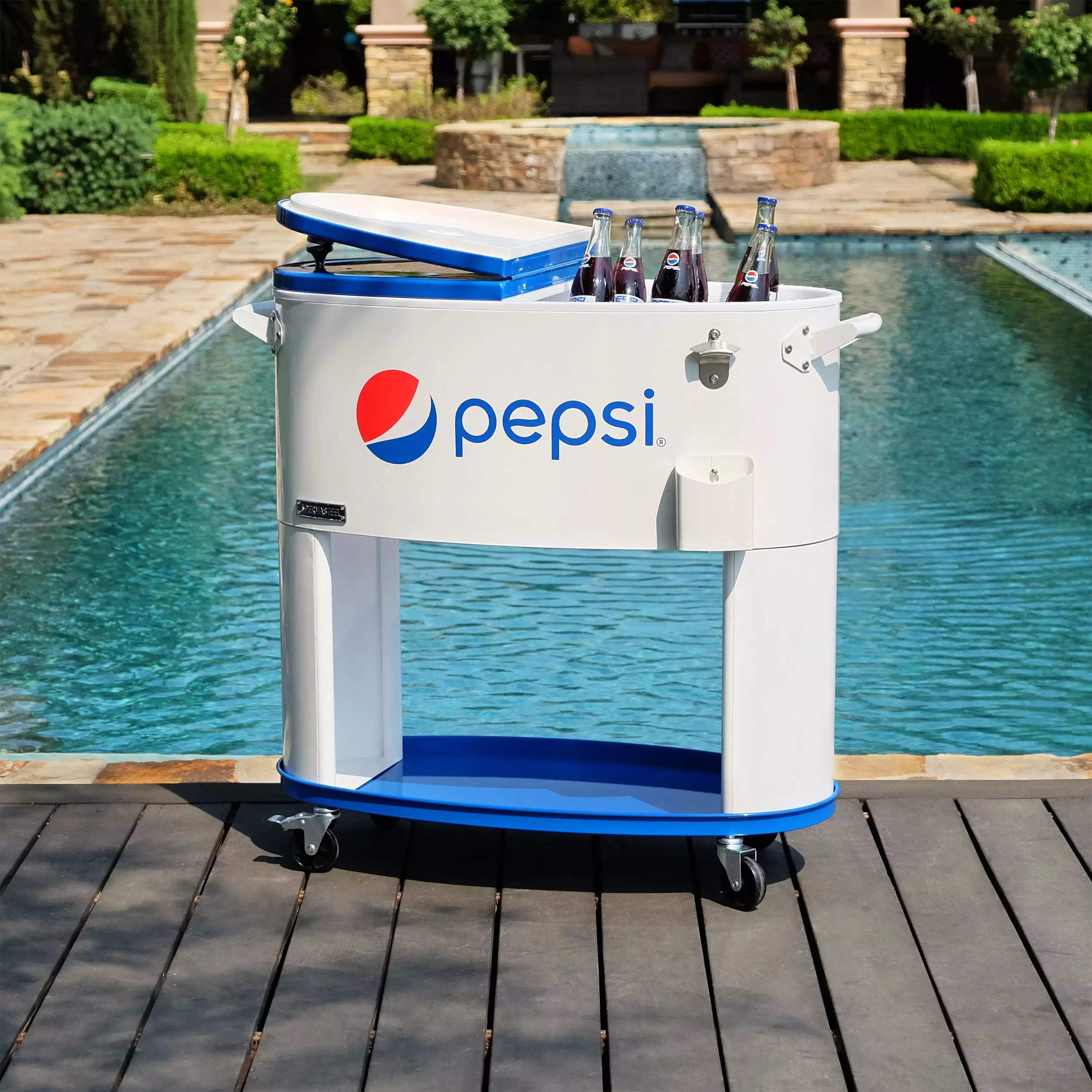 Pepsi 80-Quart Outdoor Rolling Cooler On Wheels Backyard Deck Patio Pepsi White Permasteel