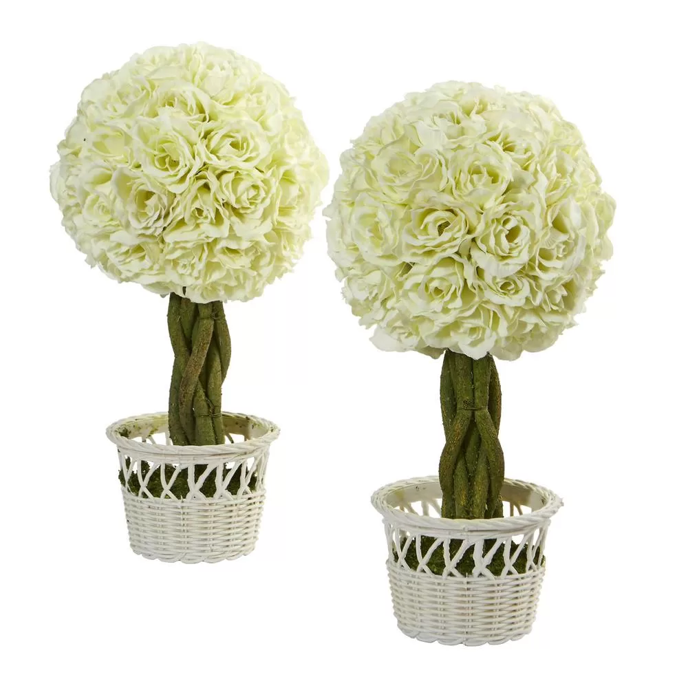 Nearly Natural 13 Inch Rose Topiary Artificial Plant White Wicker Pot Set 2 Indoor Decor